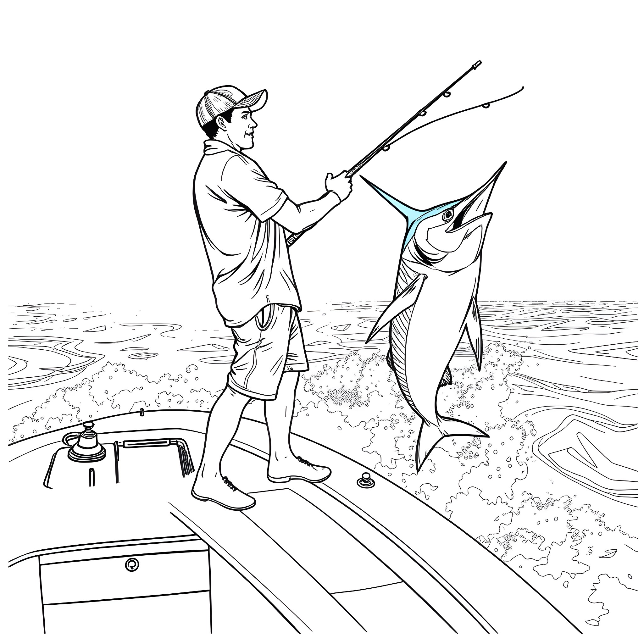 Man Fishing for a Jumping Tuna on the Dock Coloring Page (free black-and-white line drawing printable PDF for all, from beginners to advanced learners, including children, teens, adults, and seniors)