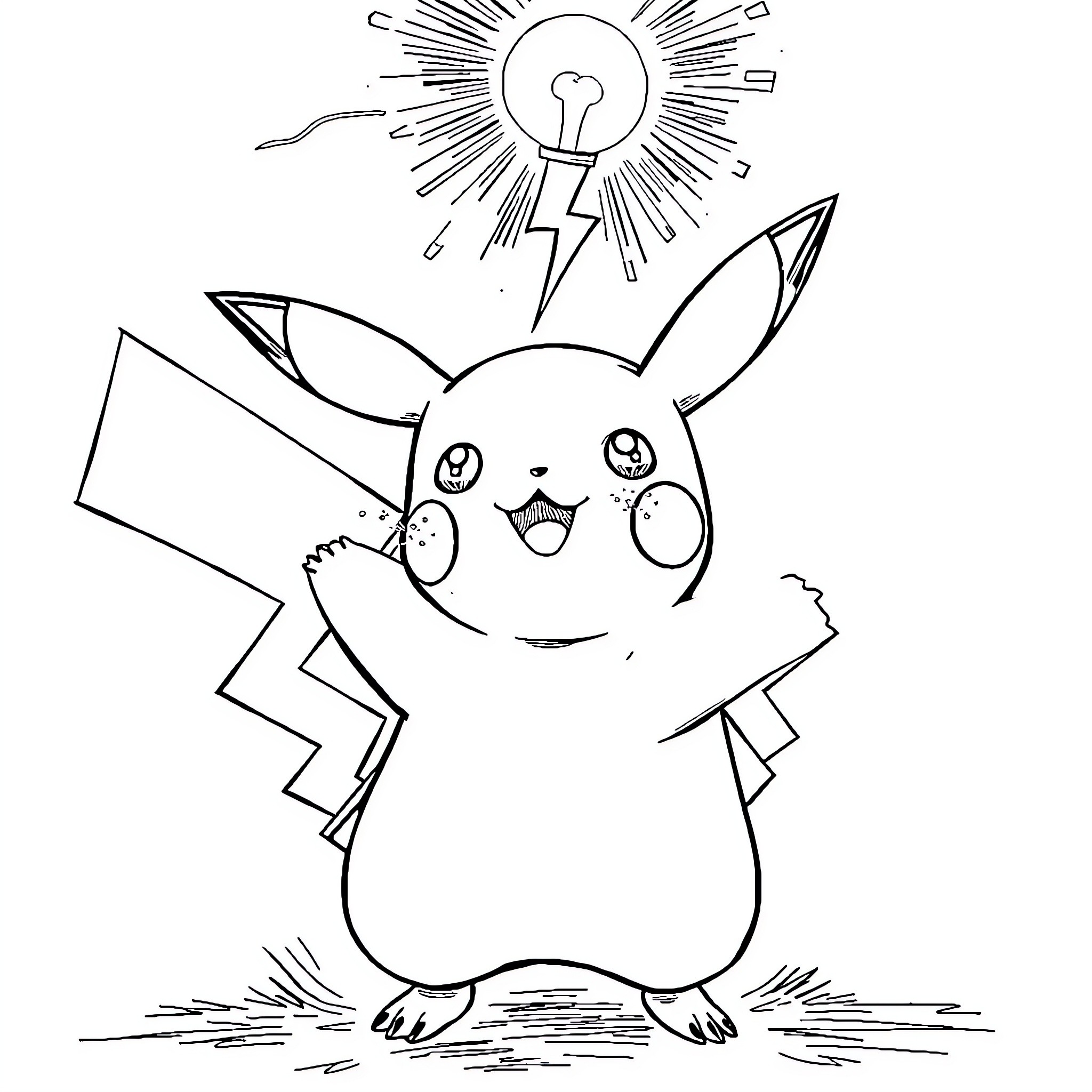 Pikachu happily surprised by lightning bolt Coloring Page (free black-and-white line drawing printable PDF for all, from beginners to advanced learners, including children, teens, adults, and seniors)