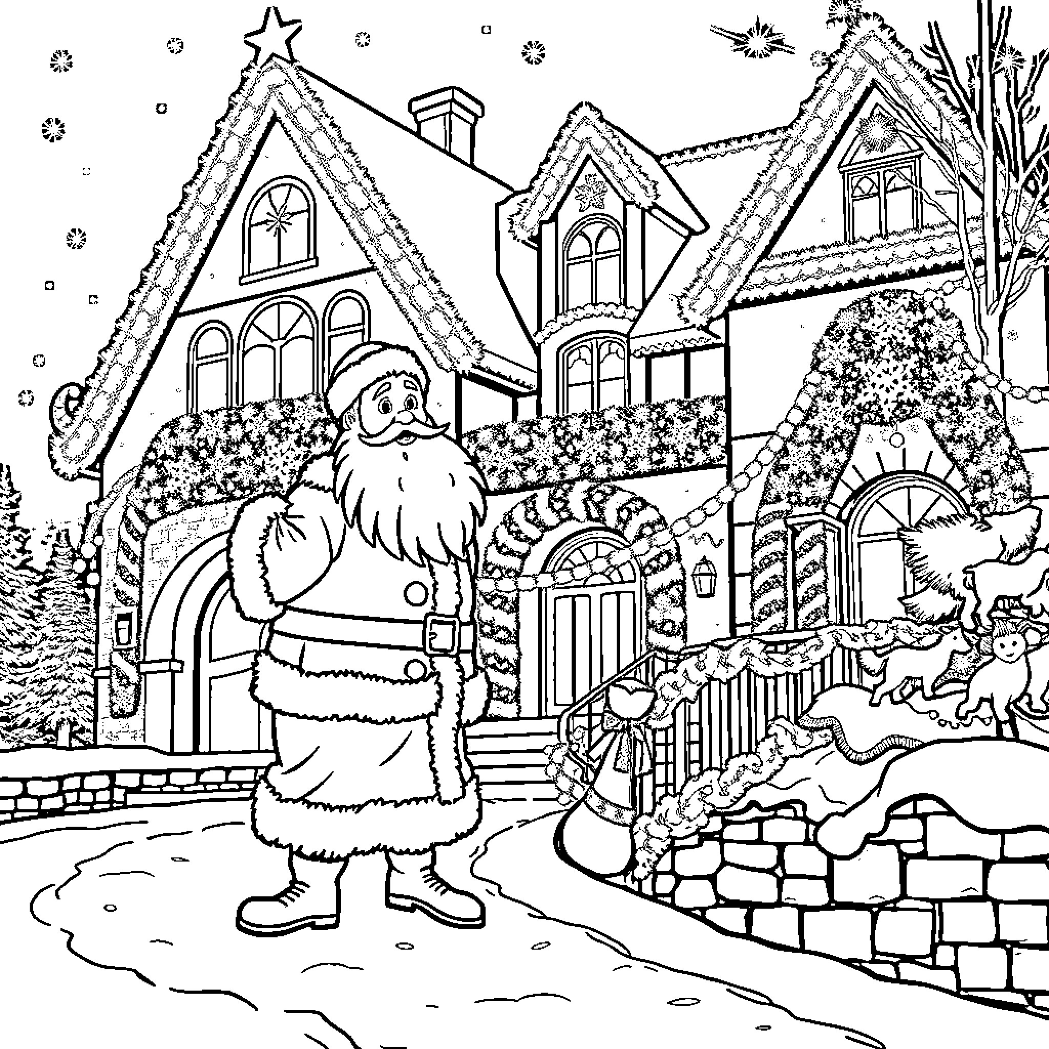 Père Noël in a snowy village with festive decorations Coloring Page (free black-and-white line drawing printable PDF for all, from beginners to advanced learners, including children, teens, adults, and seniors)