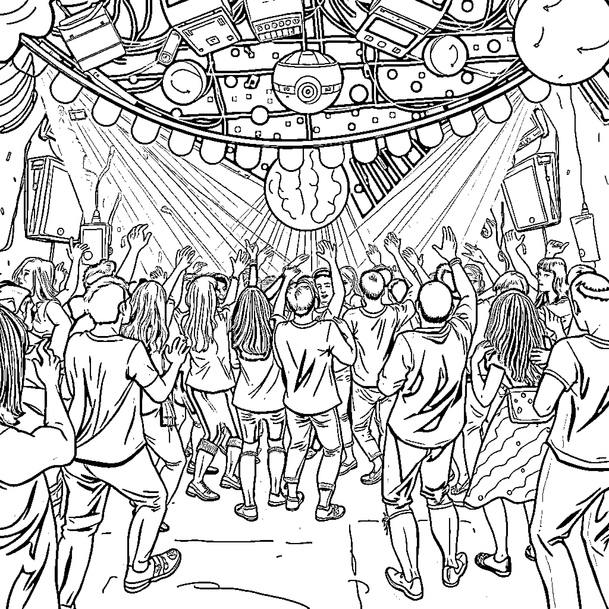 Brainrot: Festive gathering in a whimsical setting Coloring Page (free black-and-white line drawing printable PDF for all, from beginners to advanced learners, including children, teens, adults, and seniors)