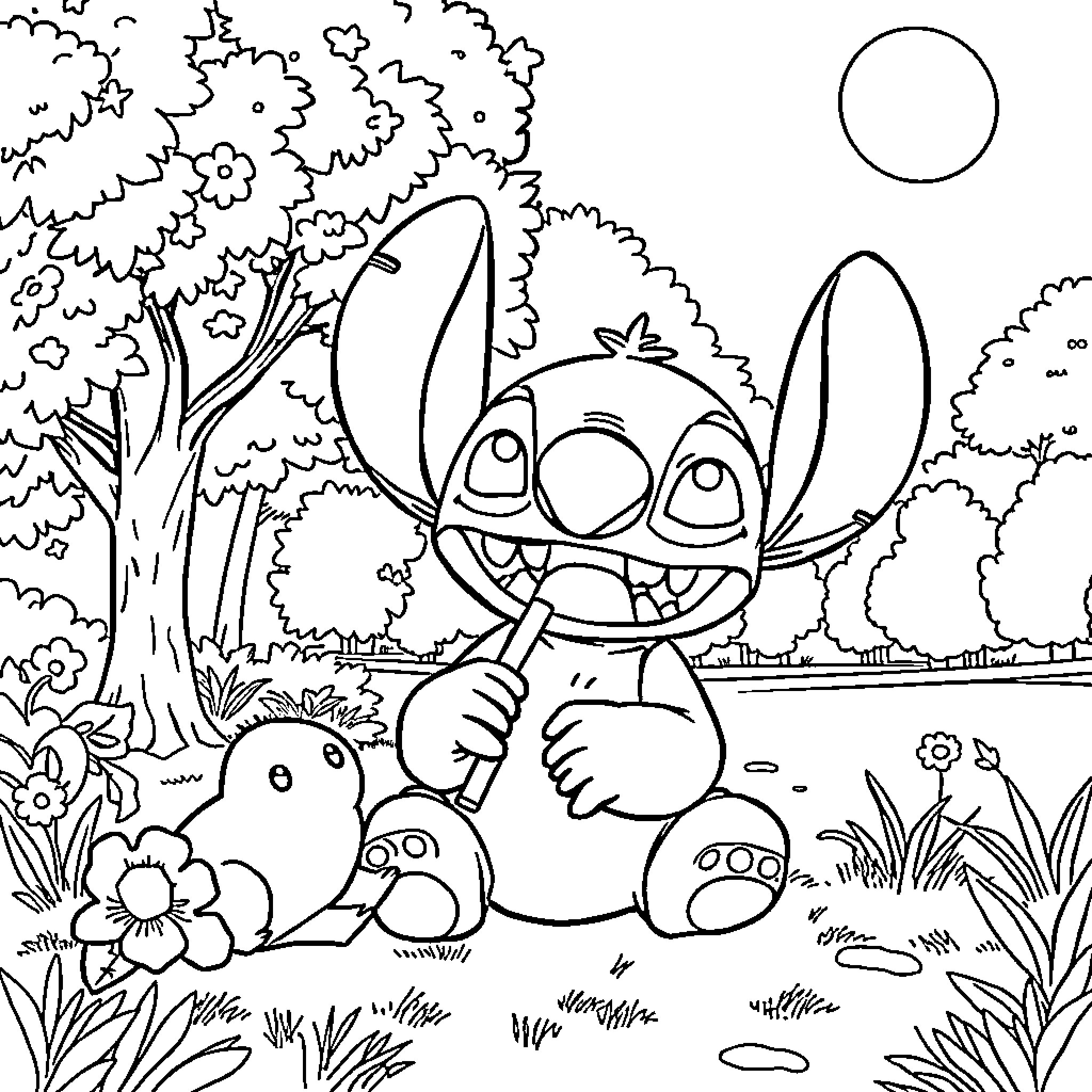 Stitch enjoying nature in the garden Coloring Page (free black-and-white line drawing printable PDF for all, from beginners to advanced learners, including children, teens, adults, and seniors)