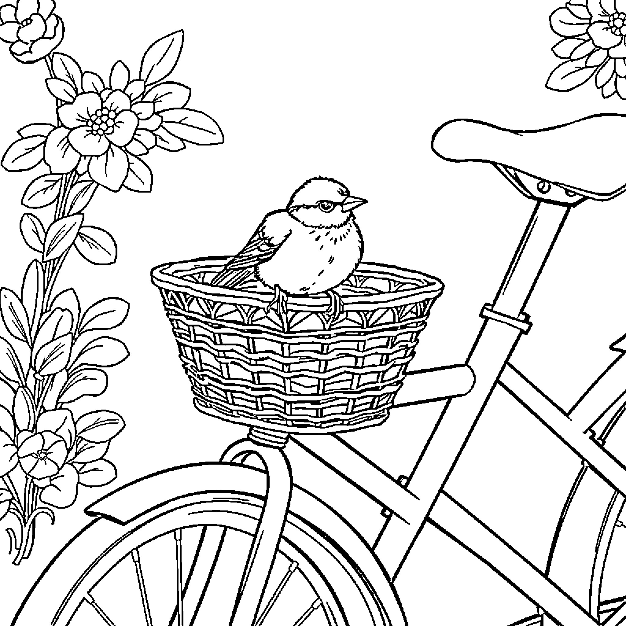 Bird resting in bicycle basket with floral decor Coloring Page (free black-and-white line drawing printable PDF for all, from beginners to advanced learners, including children, teens, adults, and seniors)