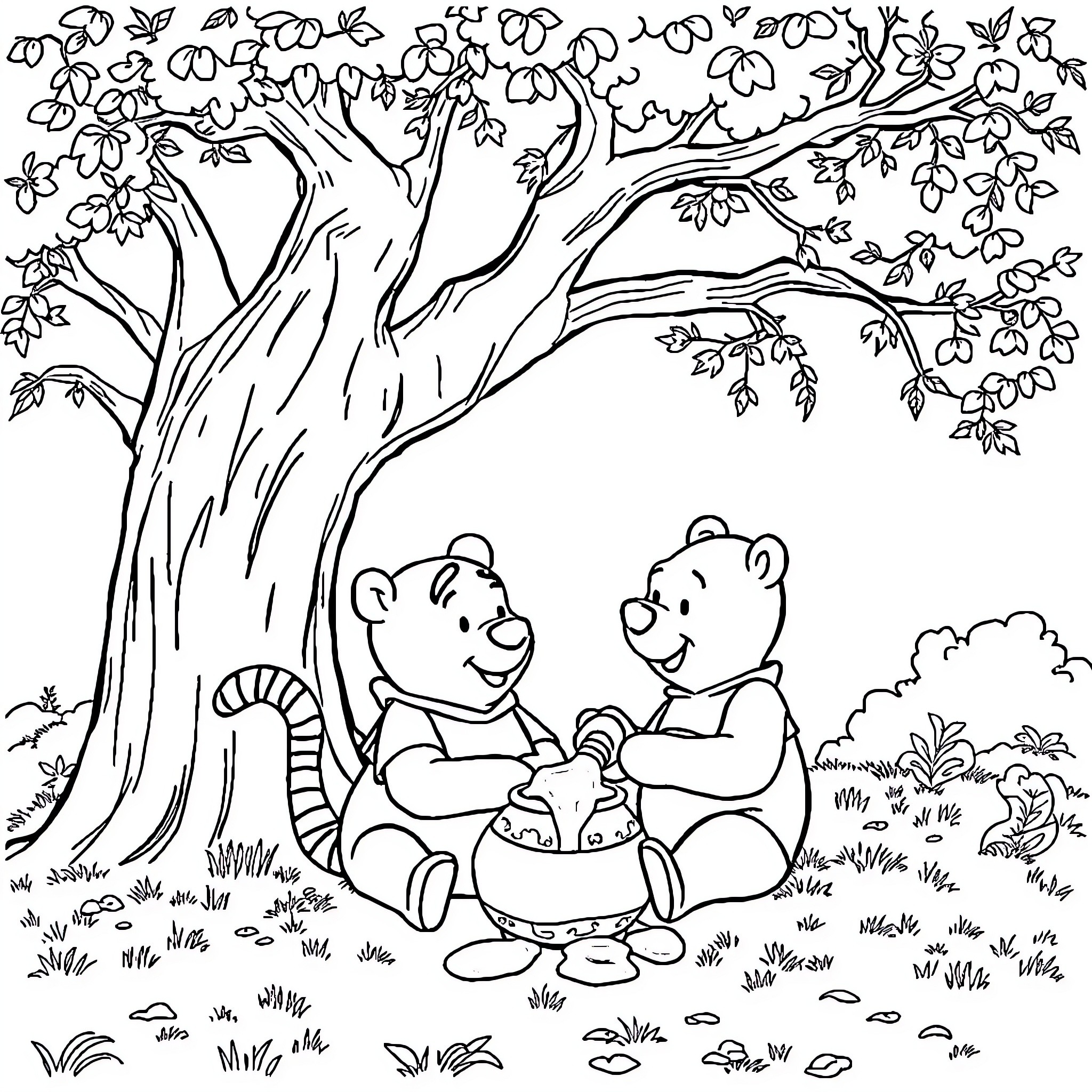 Winnie The Pooh and Friends Enjoying a Picnic Outdoors Coloring Page (free black-and-white line drawing printable PDF for all, from beginners to advanced learners, including children, teens, adults, and seniors)