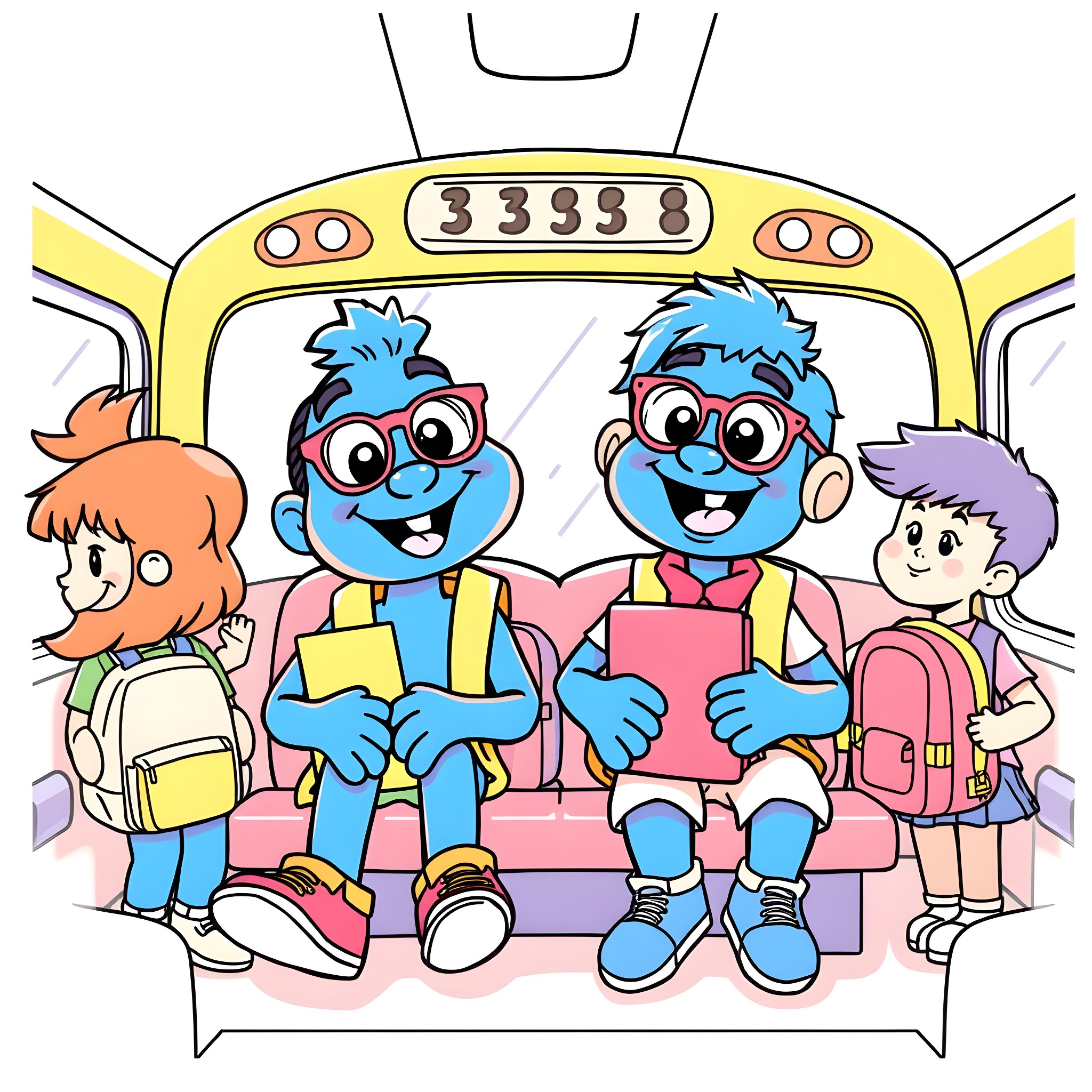Bluey and friends ride the school bus happily Coloring Page (free black-and-white line drawing printable PDF for all, from beginners to advanced learners, including children, teens, adults, and seniors)