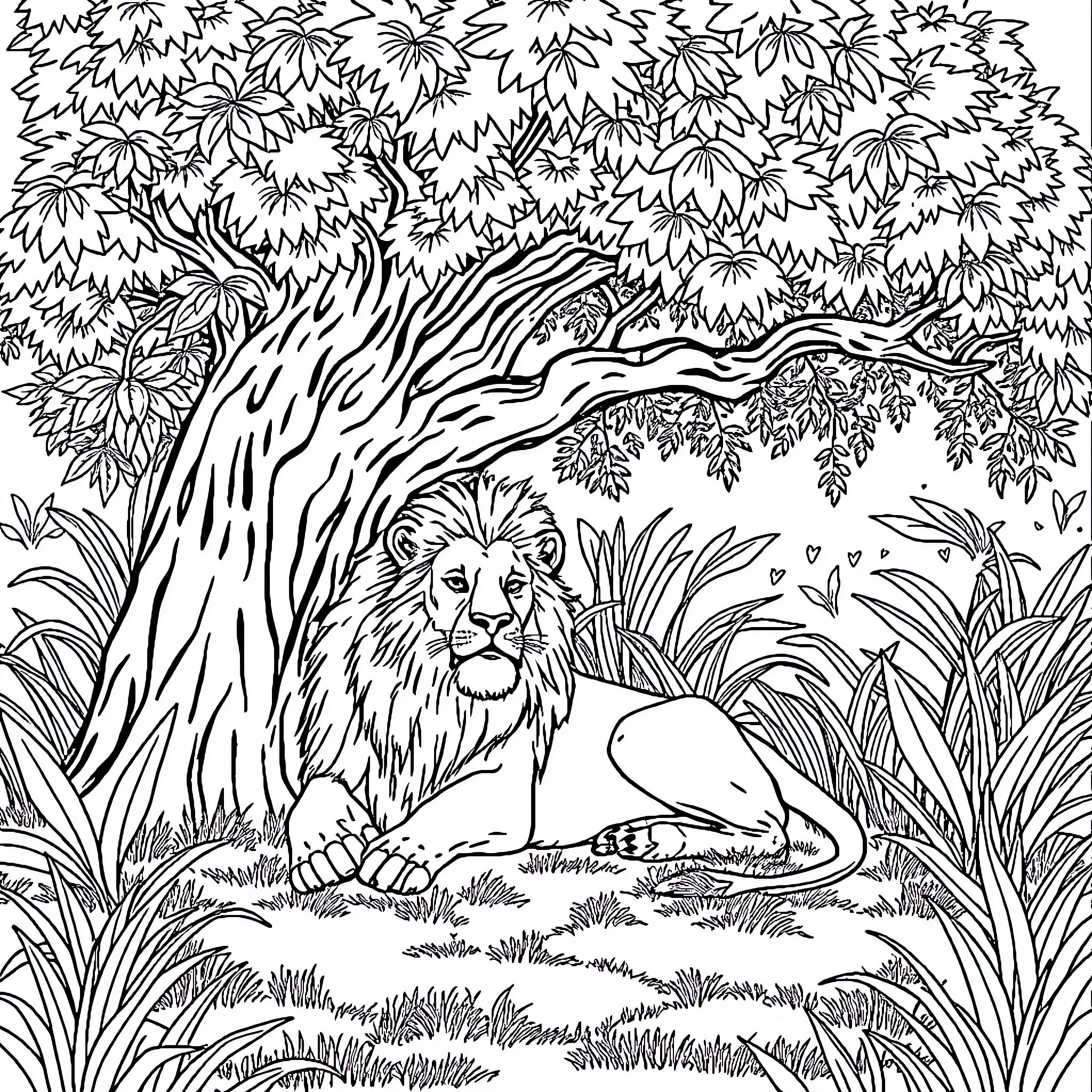 Lion resting in lush jungle landscape Coloring Page (free black-and-white line drawing printable PDF for all, from beginners to advanced learners, including children, teens, adults, and seniors)