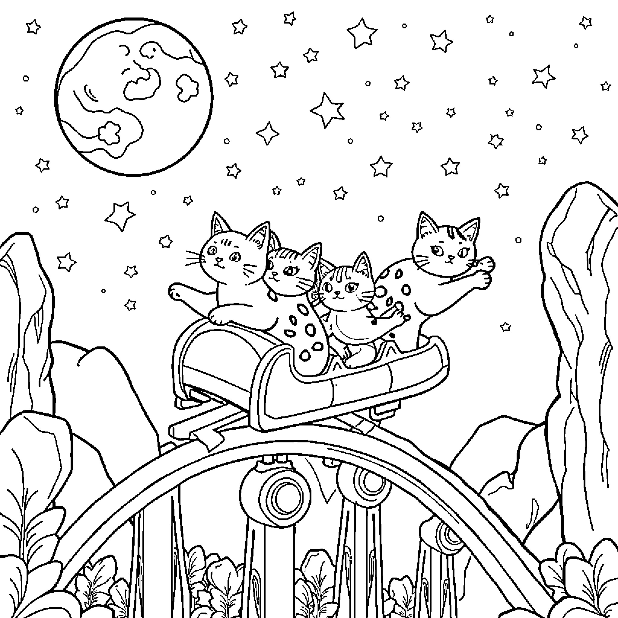 Cat Sleigh Ride Under Starry Sky Coloring Page (free black-and-white line drawing printable PDF for all, from beginners to advanced learners, including children, teens, adults, and seniors)