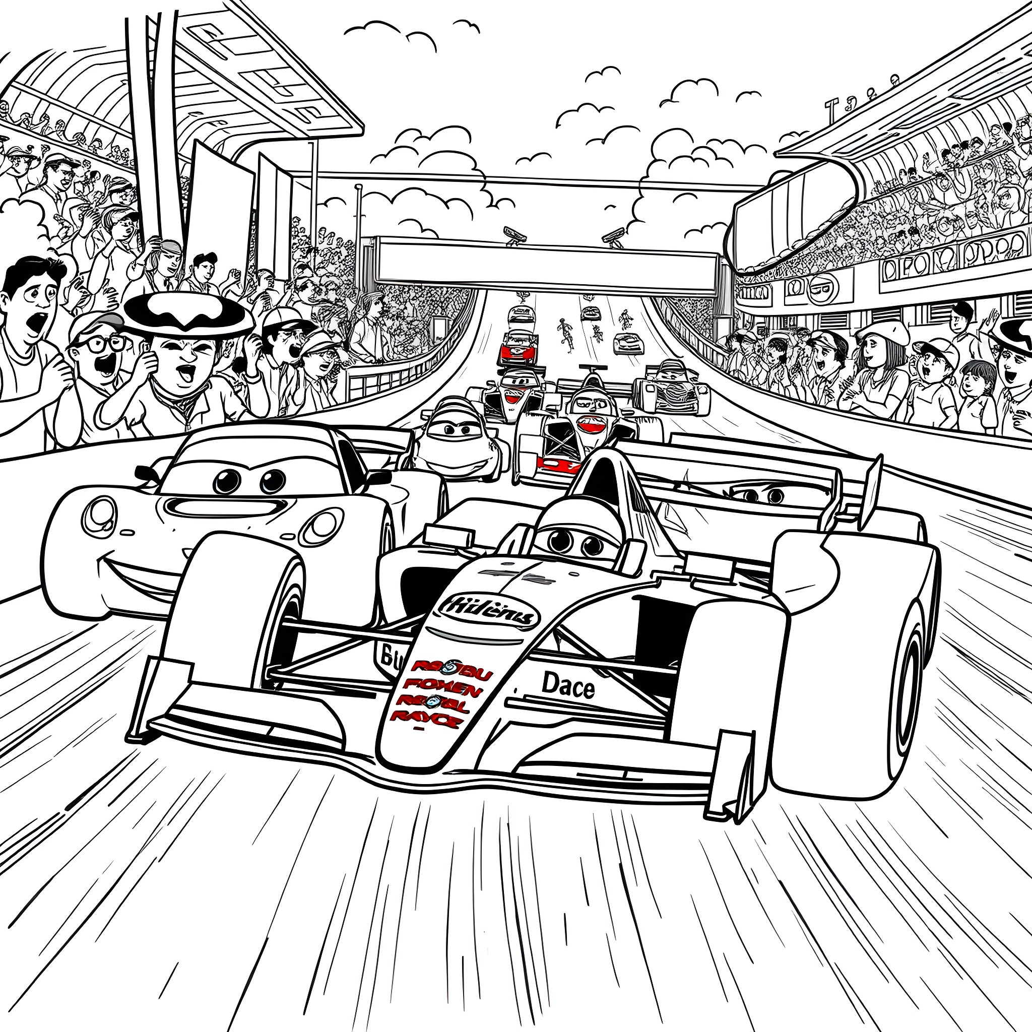 F1 Car Racing Through a Crowded Stadium Coloring Page (free black-and-white line drawing printable PDF for all, from beginners to advanced learners, including children, teens, adults, and seniors)