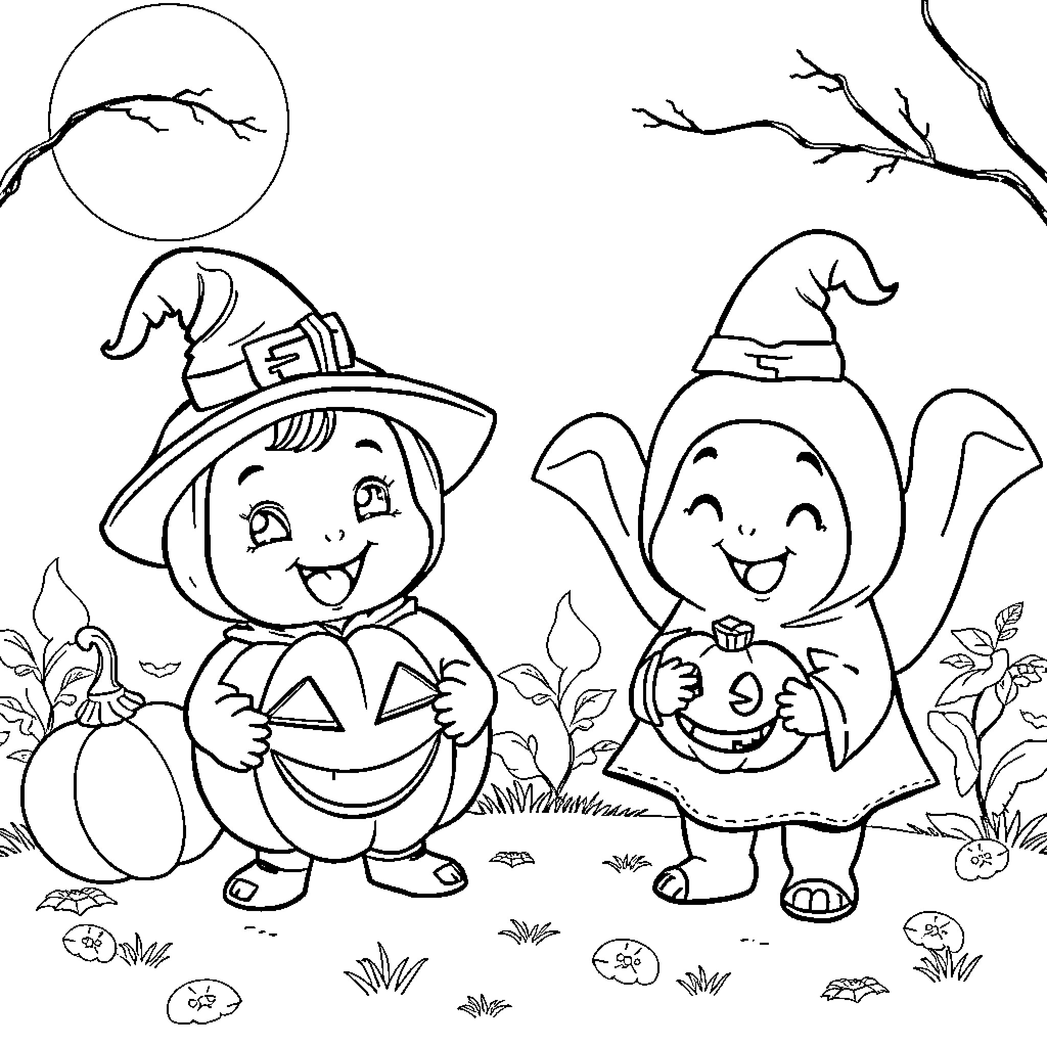 Baby Halloween costumed characters in the woods Coloring Page (free black-and-white line drawing printable PDF for all, from beginners to advanced learners, including children, teens, adults, and seniors)