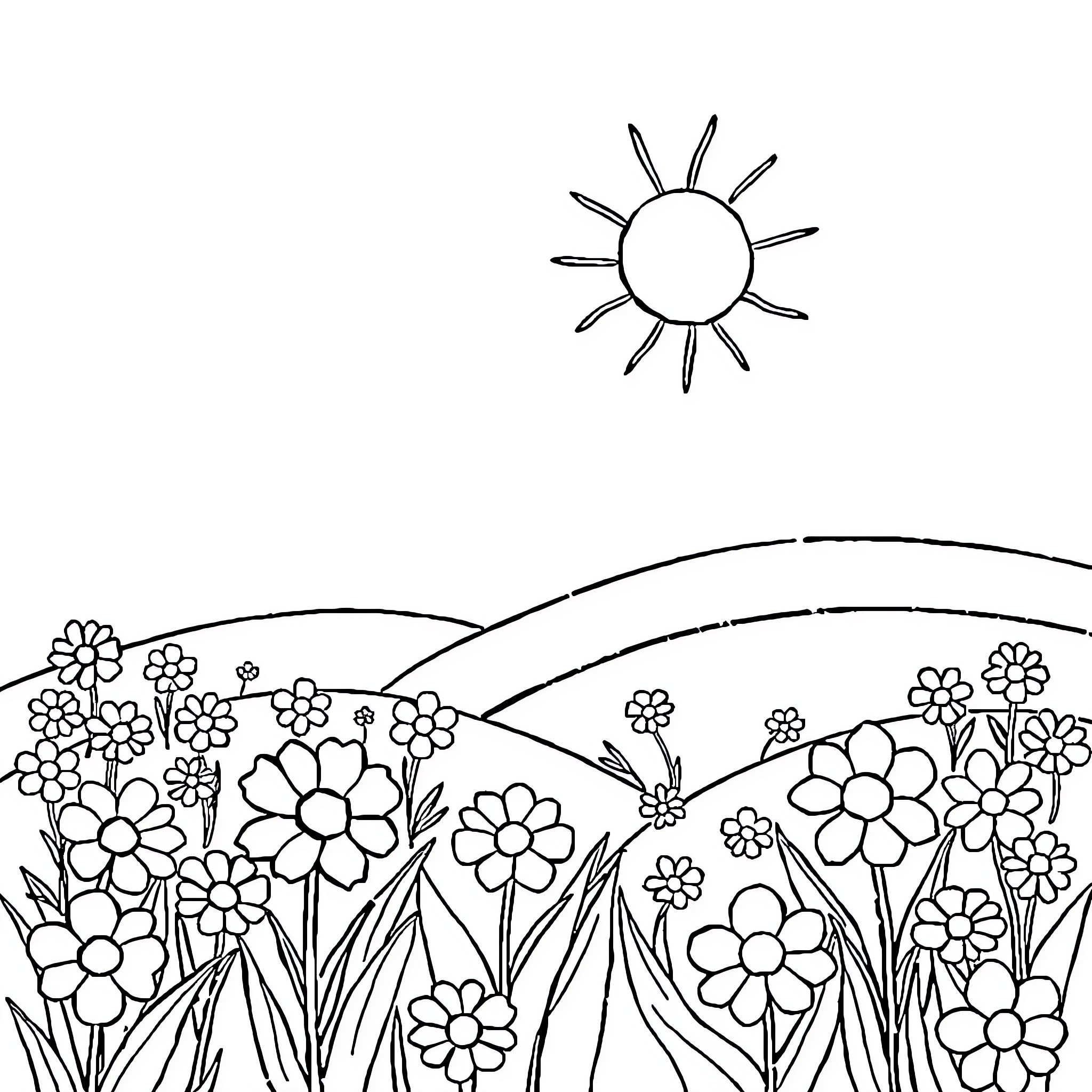Sun shining over a field of flowers Coloring Page (free black-and-white line drawing printable PDF for all, from beginners to advanced learners, including children, teens, adults, and seniors)