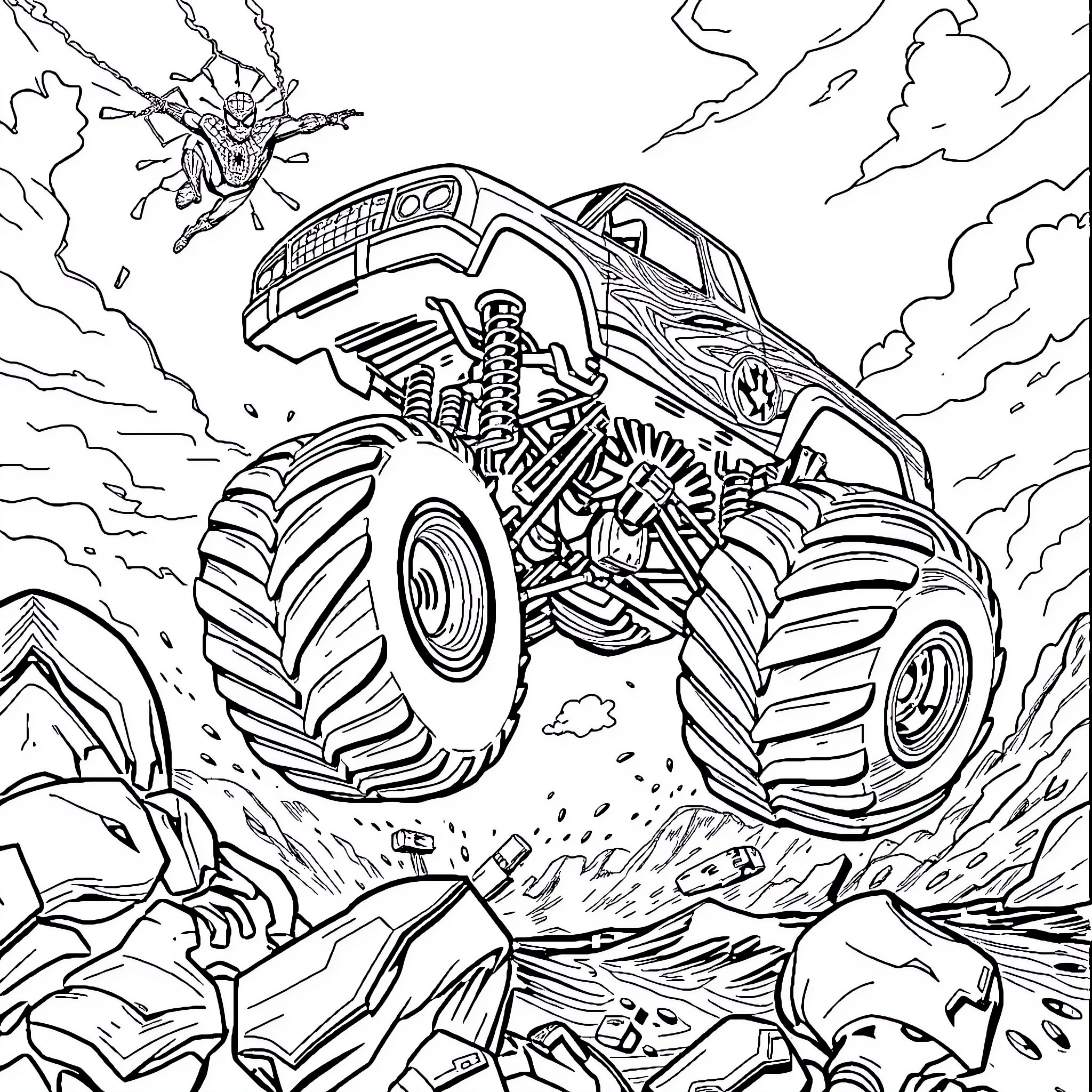 Monster Truck Crushing Rocks in Rugged Terrain Coloring Page (free black-and-white line drawing printable PDF for all, from beginners to advanced learners, including children, teens, adults, and seniors)