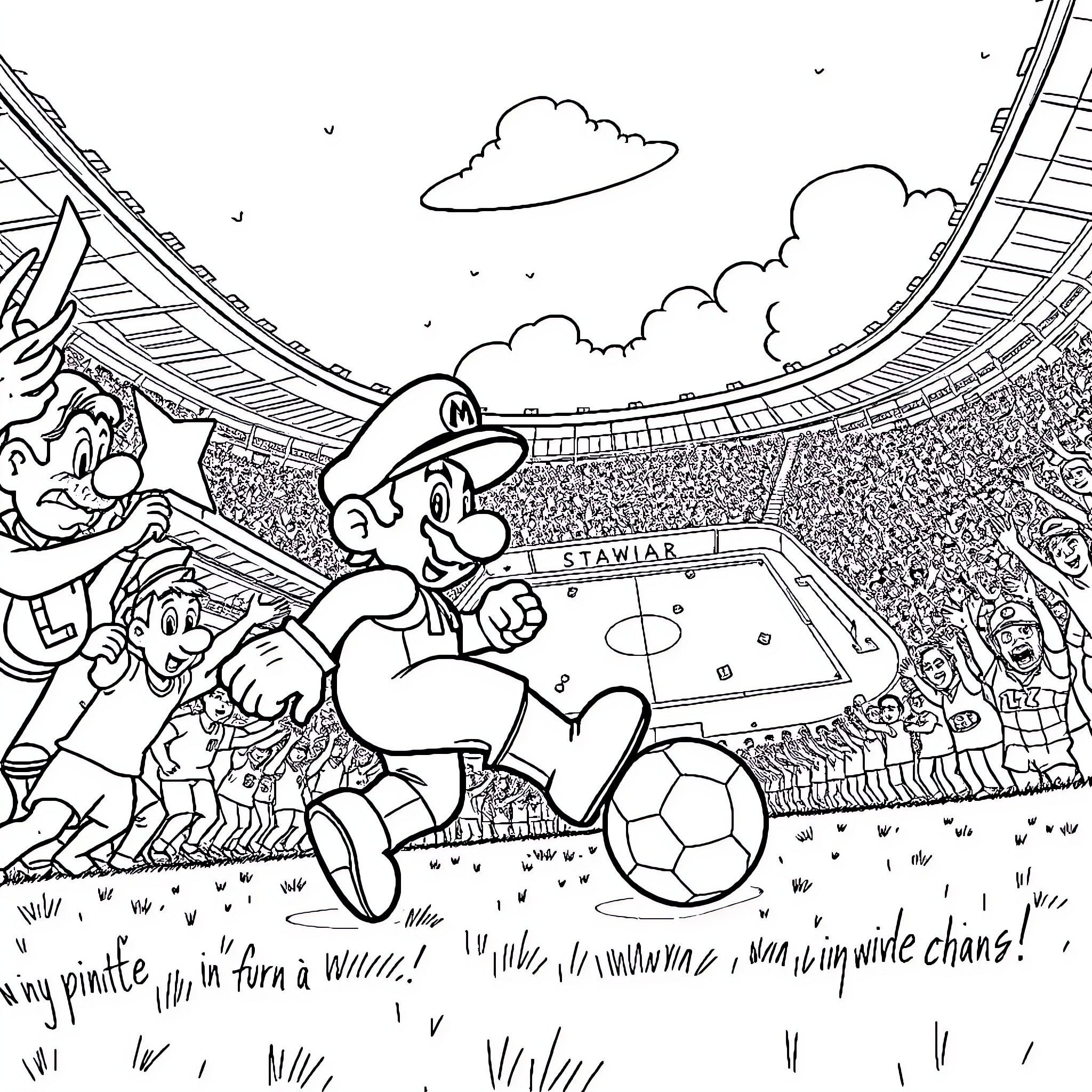 Mario Competing Excitingly in a Soccer Match Coloring Page (free black-and-white line drawing printable PDF for all, from beginners to advanced learners, including children, teens, adults, and seniors)