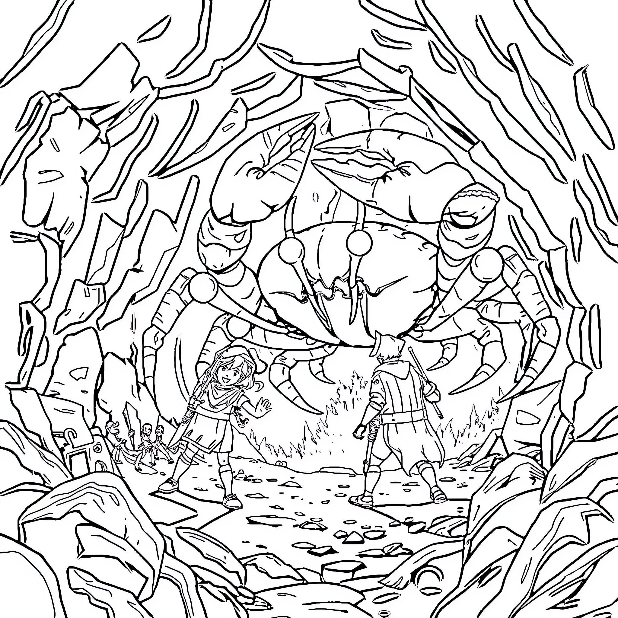 Aventurier exploring the mysterious cave landscape Coloring Page (free black-and-white line drawing printable PDF for all, from beginners to advanced learners, including children, teens, adults, and seniors)