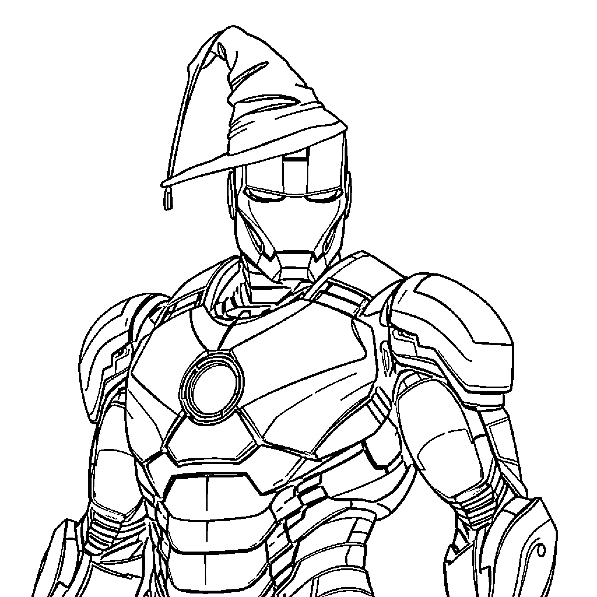 Iron Man in Wizard Attire Ready for Action Coloring Page (free black-and-white line drawing printable PDF for all, from beginners to advanced learners, including children, teens, adults, and seniors)