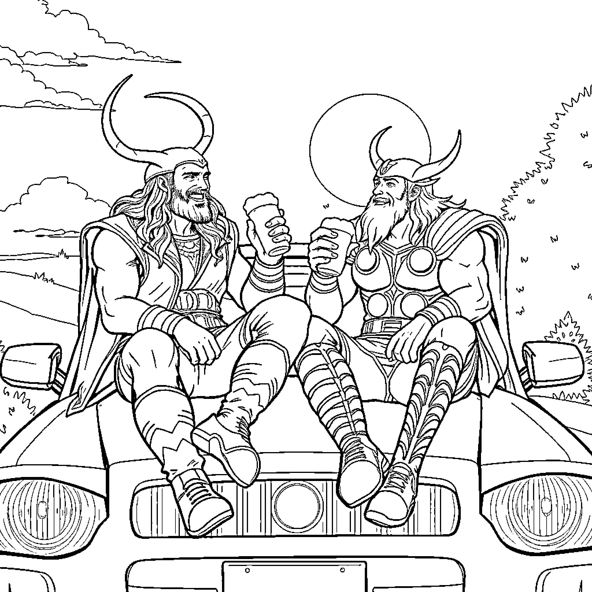 Loki and Thor riding in a stylized vehicle Coloring Page (free black-and-white line drawing printable PDF for all, from beginners to advanced learners, including children, teens, adults, and seniors)