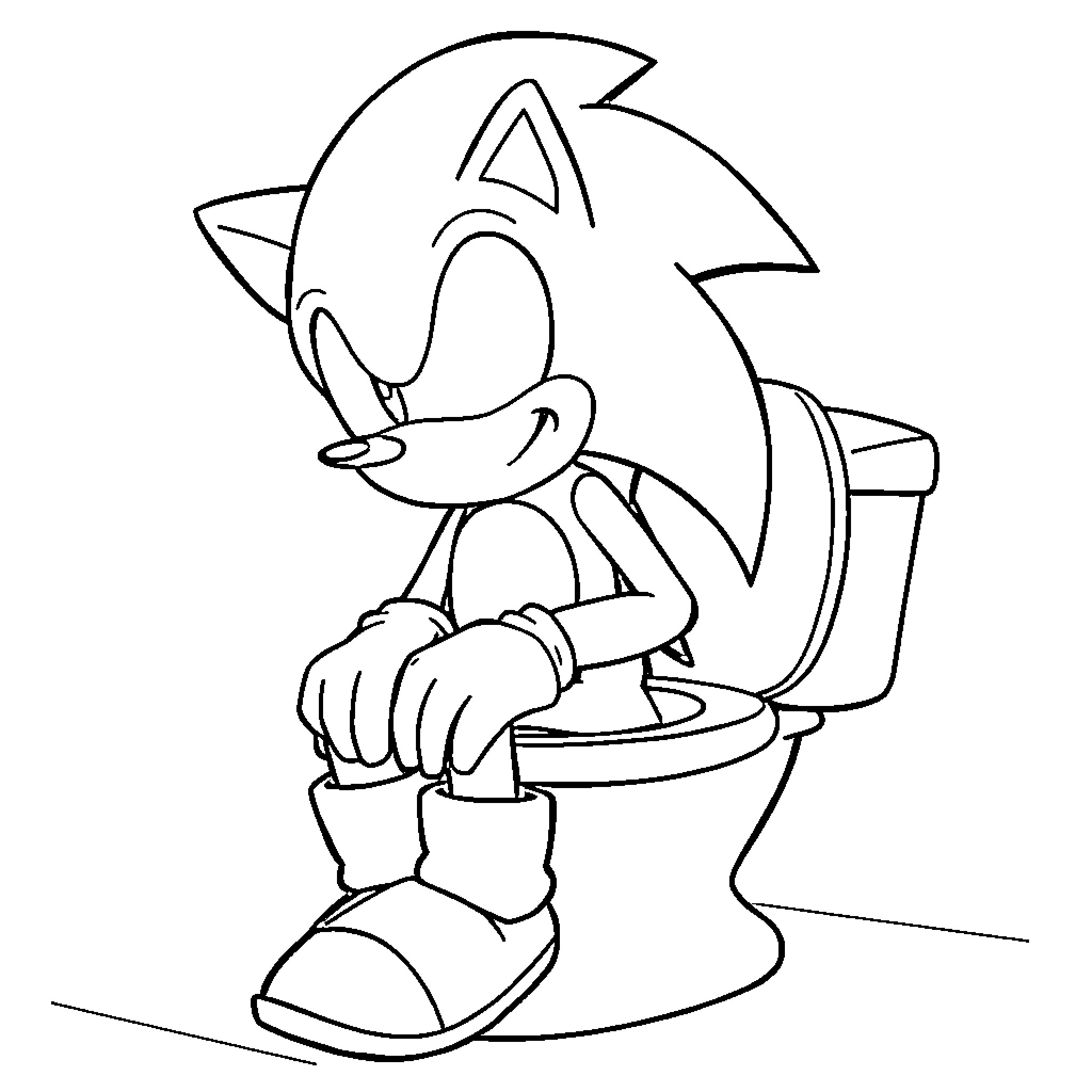 Sonic enjoying a restroom break Coloring Page (free black-and-white line drawing printable PDF for all, from beginners to advanced learners, including children, teens, adults, and seniors)