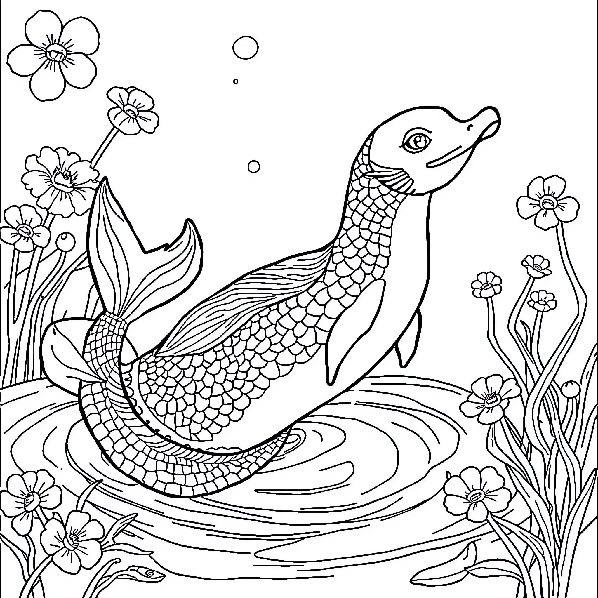 Mermaid swimming amid flowers and bubbles Coloring Page (free black-and-white line drawing printable PDF for all, from beginners to advanced learners, including children, teens, adults, and seniors)