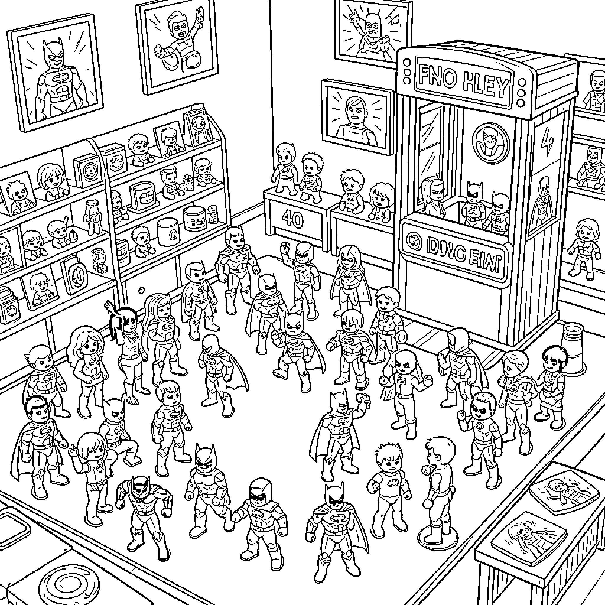 Super Hero characters gathered in a toy store scene Coloring Page (free black-and-white line drawing printable PDF for all, from beginners to advanced learners, including children, teens, adults, and seniors)