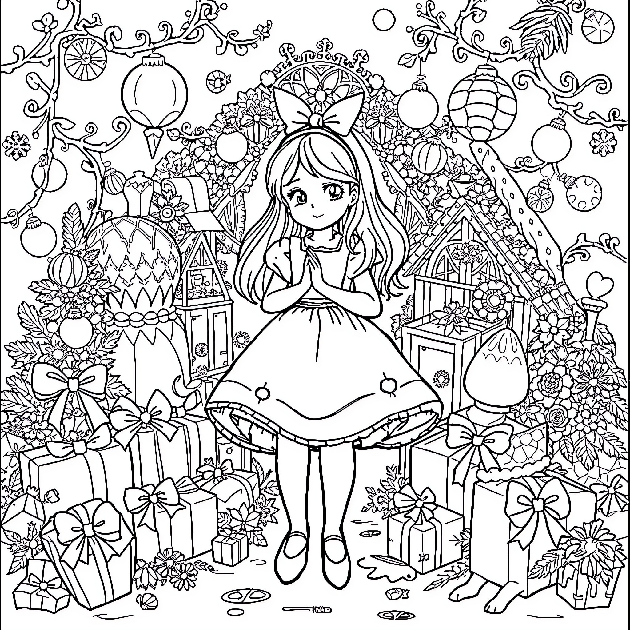 Alice's Enchanting Christmas Adventure Coloring Page (free black-and-white line drawing printable PDF for all, from beginners to advanced learners, including children, teens, adults, and seniors)