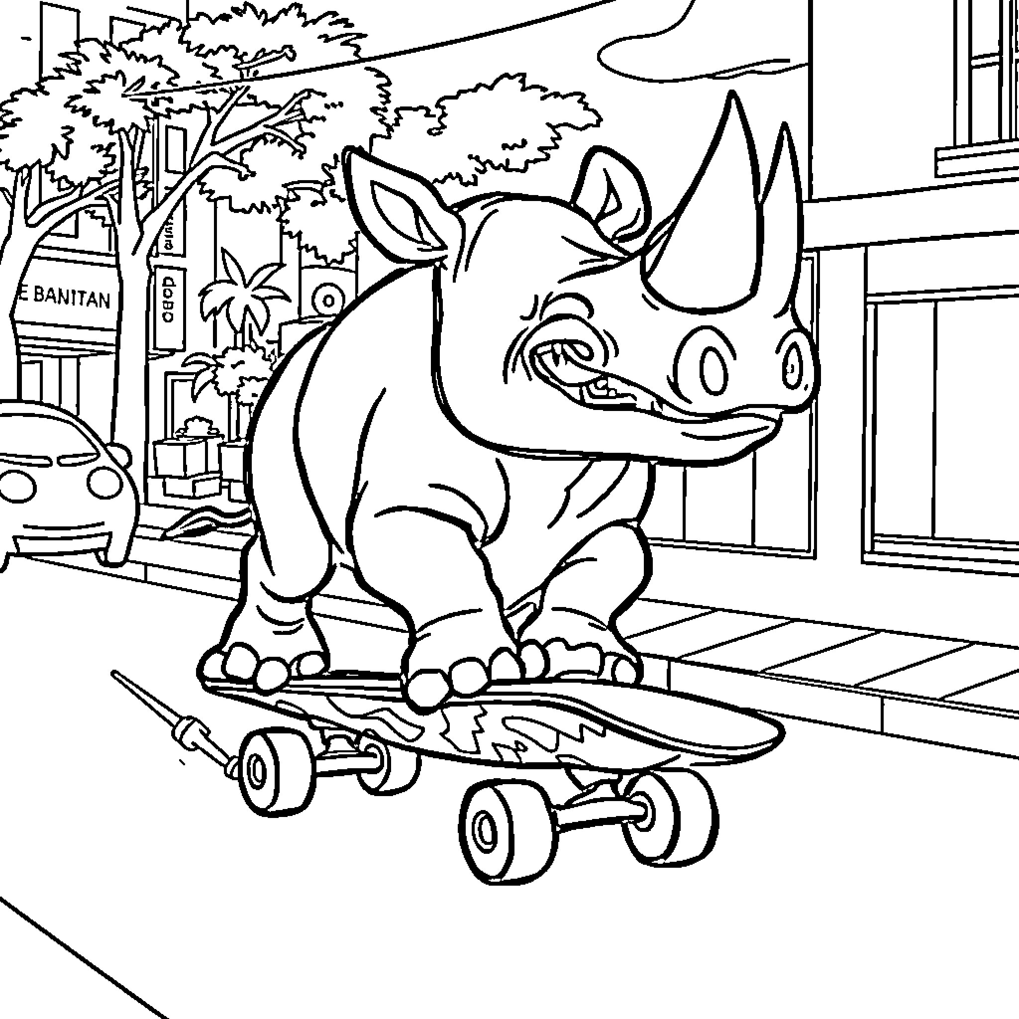 Rhino riding a skateboard in the city Coloring Page (free black-and-white line drawing printable PDF for all, from beginners to advanced learners, including children, teens, adults, and seniors)