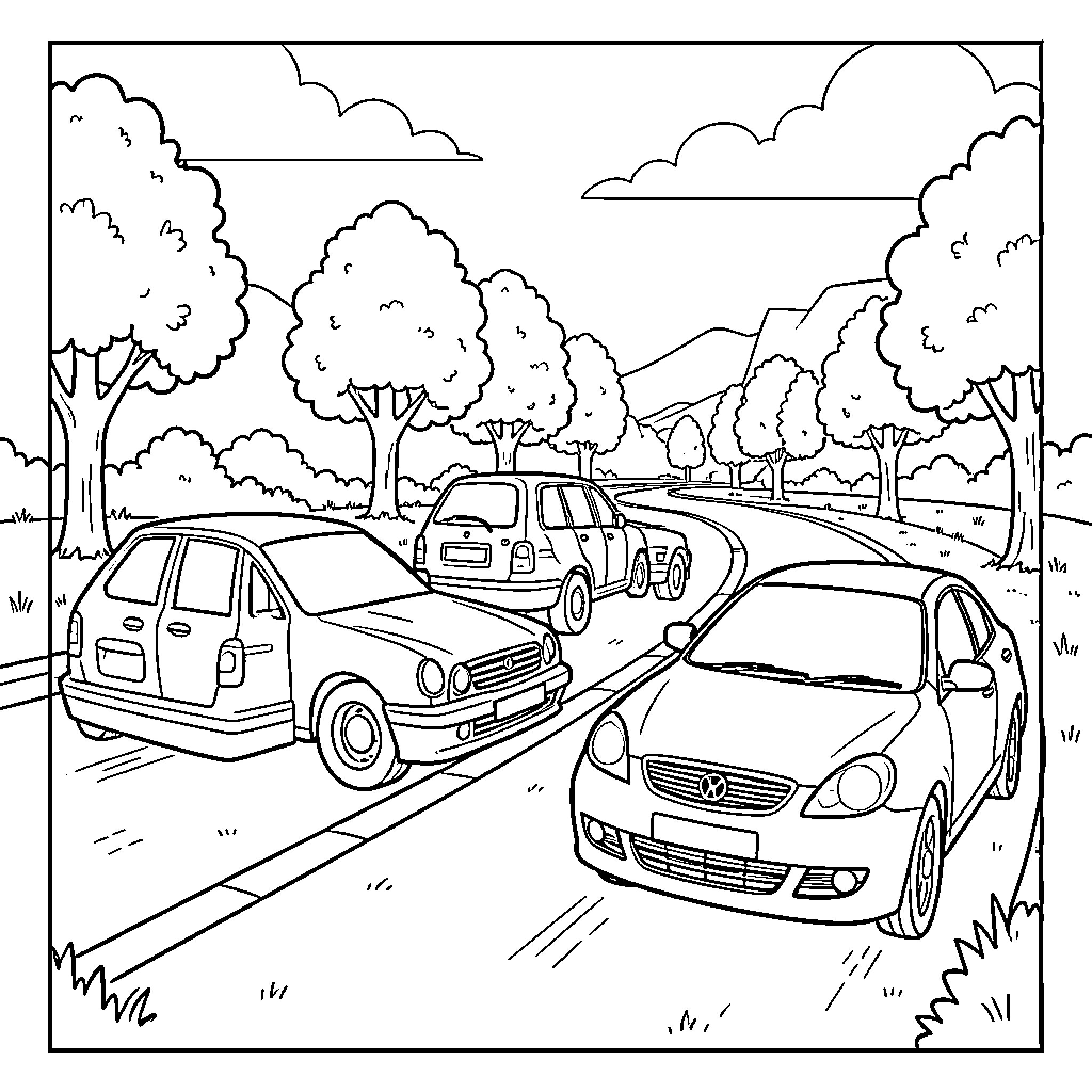Automobile driving along a scenic winding road Coloring Page (free black-and-white line drawing printable PDF for all, from beginners to advanced learners, including children, teens, adults, and seniors)