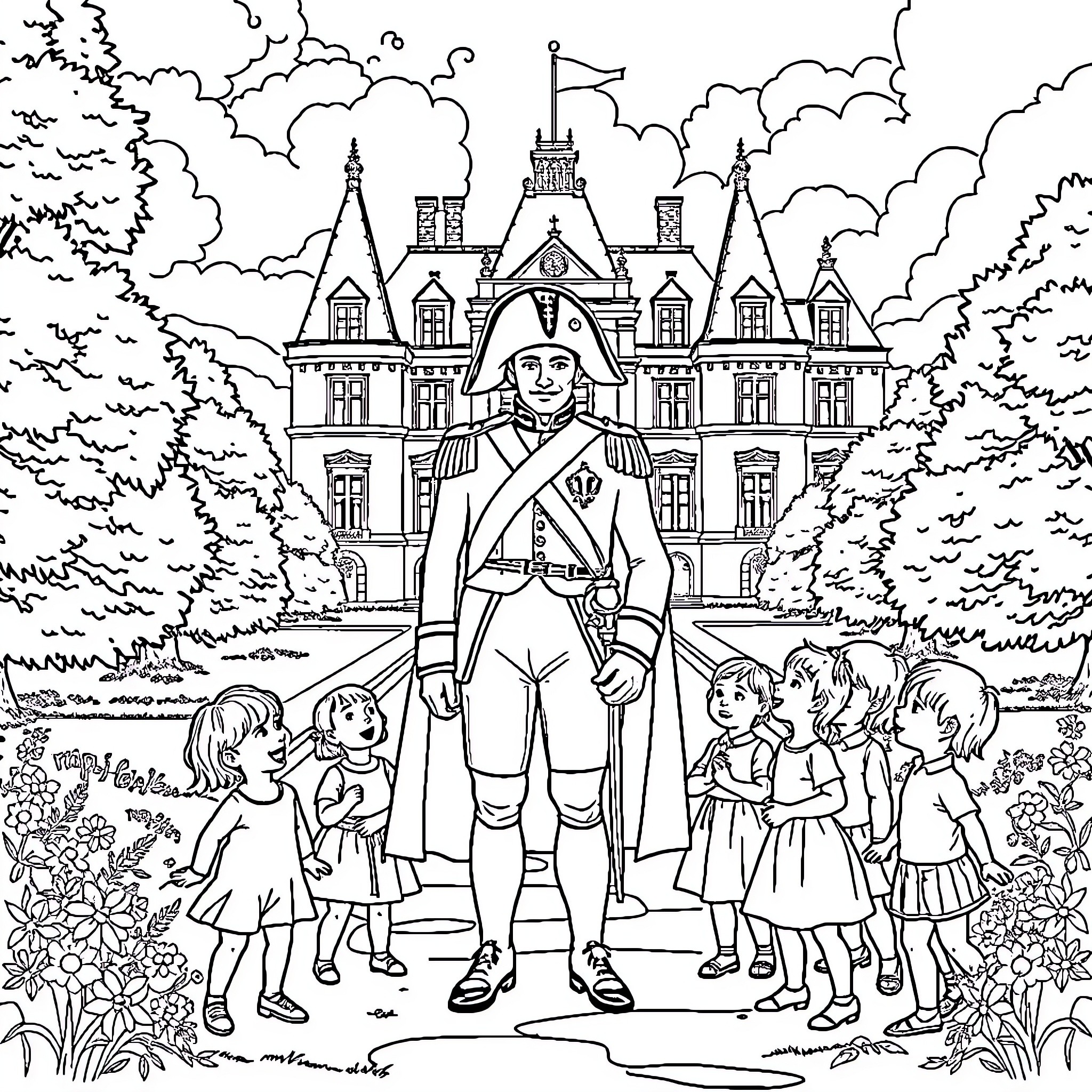 Napoleon Interacting with Children in Front of a Majestic Castle Coloring Page (free black-and-white line drawing printable PDF for all, from beginners to advanced learners, including children, teens, adults, and seniors)
