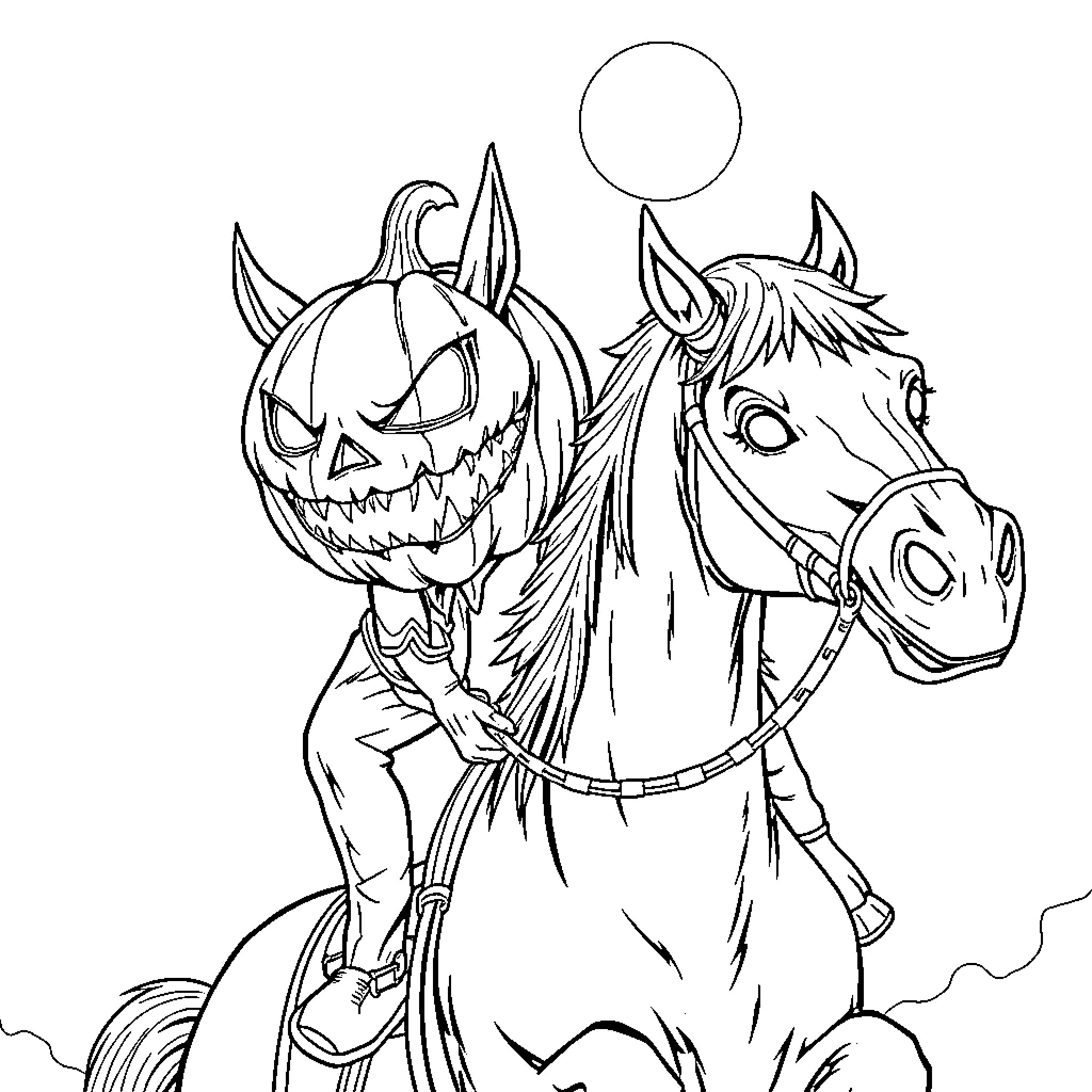 Pumpkin-headed rider on a horse Coloring Page (free black-and-white line drawing printable PDF for all, from beginners to advanced learners, including children, teens, adults, and seniors)