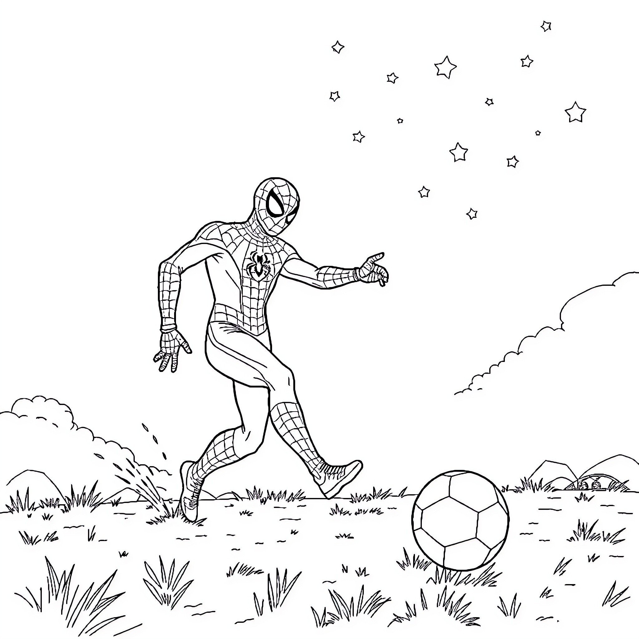 Spiderman playing with soccer ball under starry sky Coloring Page (free black-and-white line drawing printable PDF for all, from beginners to advanced learners, including children, teens, adults, and seniors)