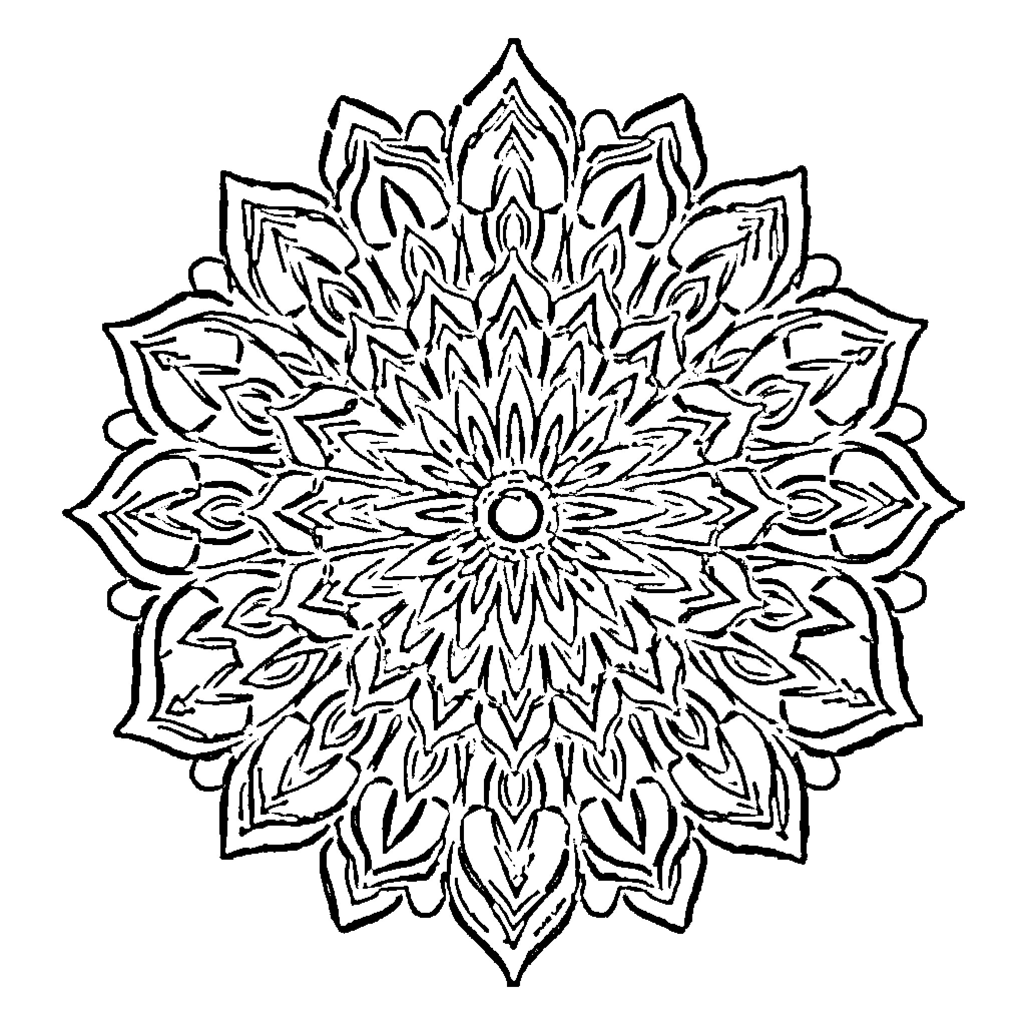 Mandala of Intricate Floral Patterns Coloring Page (free black-and-white line drawing printable PDF for all, from beginners to advanced learners, including children, teens, adults, and seniors)