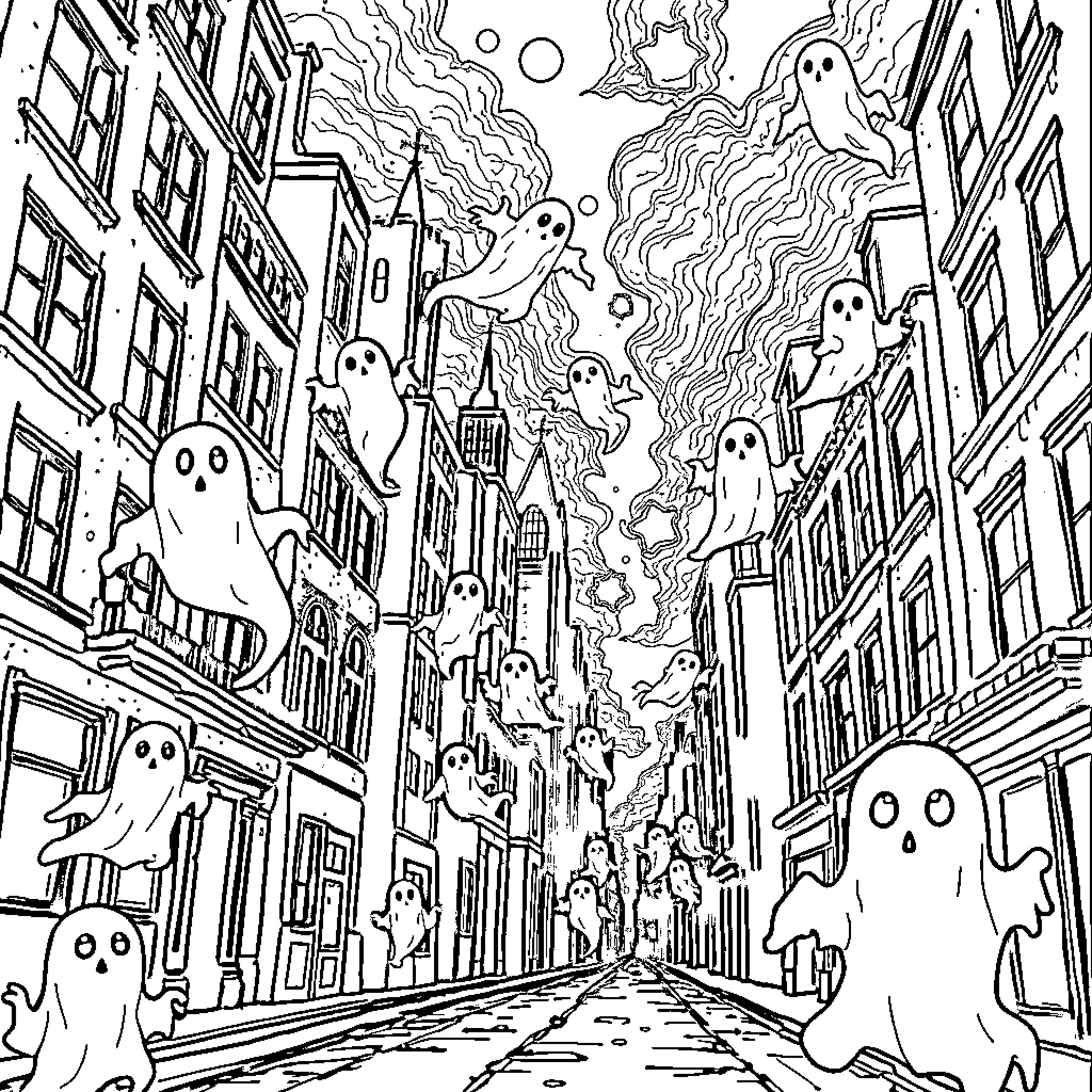 Ghost Apparitions Haunt the City Streets Coloring Page (free black-and-white line drawing printable PDF for all, from beginners to advanced learners, including children, teens, adults, and seniors)