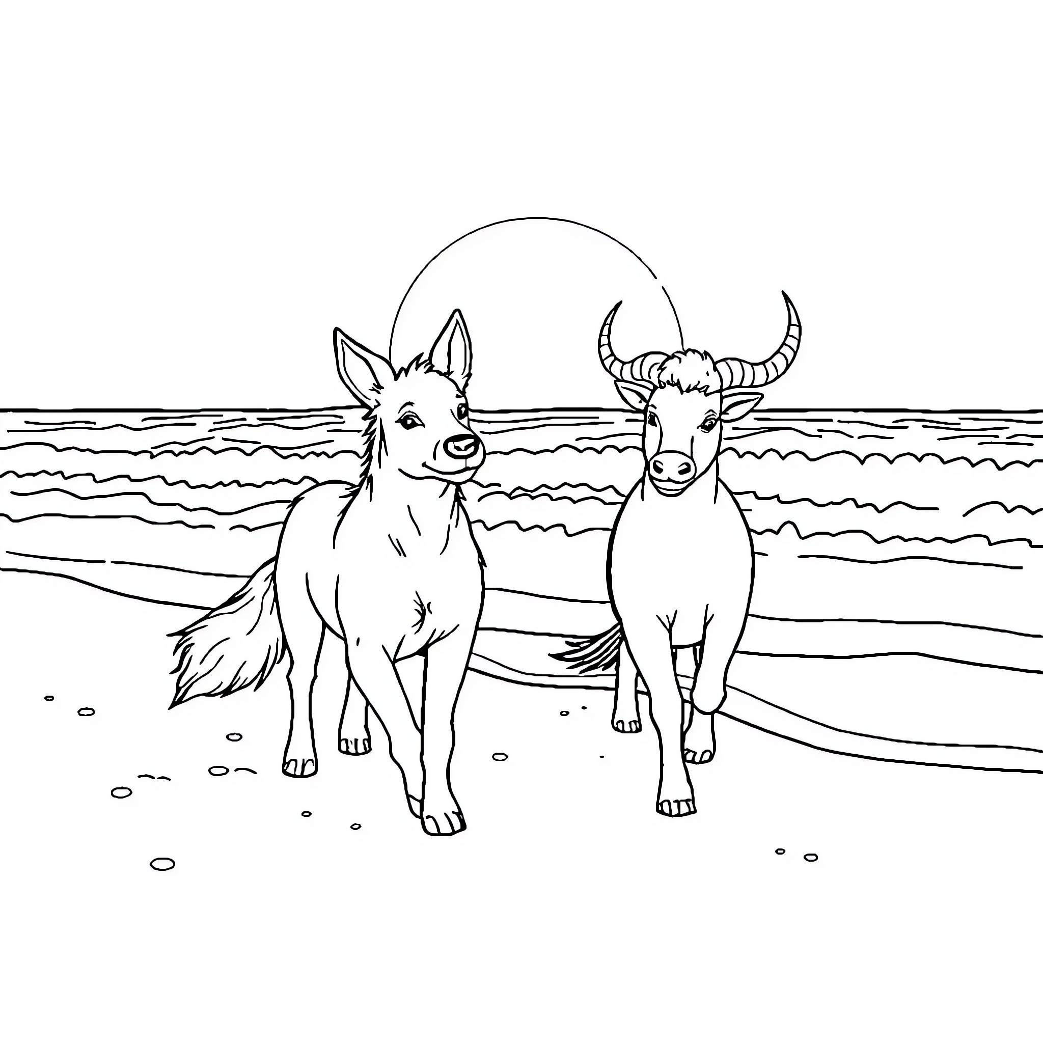 Dackel and goat frolicking on the beach Coloring Page (free black-and-white line drawing printable PDF for all, from beginners to advanced learners, including children, teens, adults, and seniors)