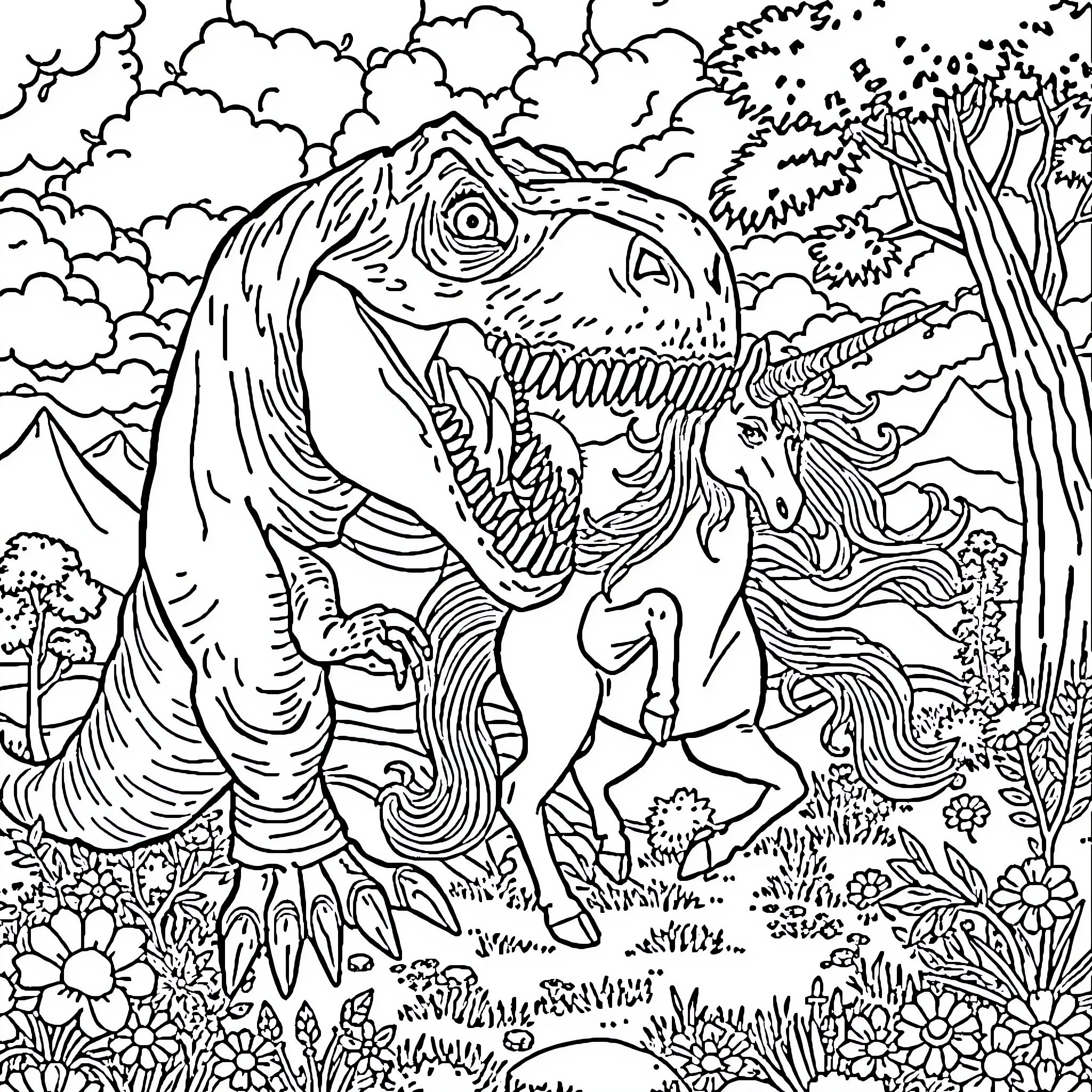 T-Rex Encounters Unicorn in Magical Forest Coloring Page (free black-and-white line drawing printable PDF for all, from beginners to advanced learners, including children, teens, adults, and seniors)