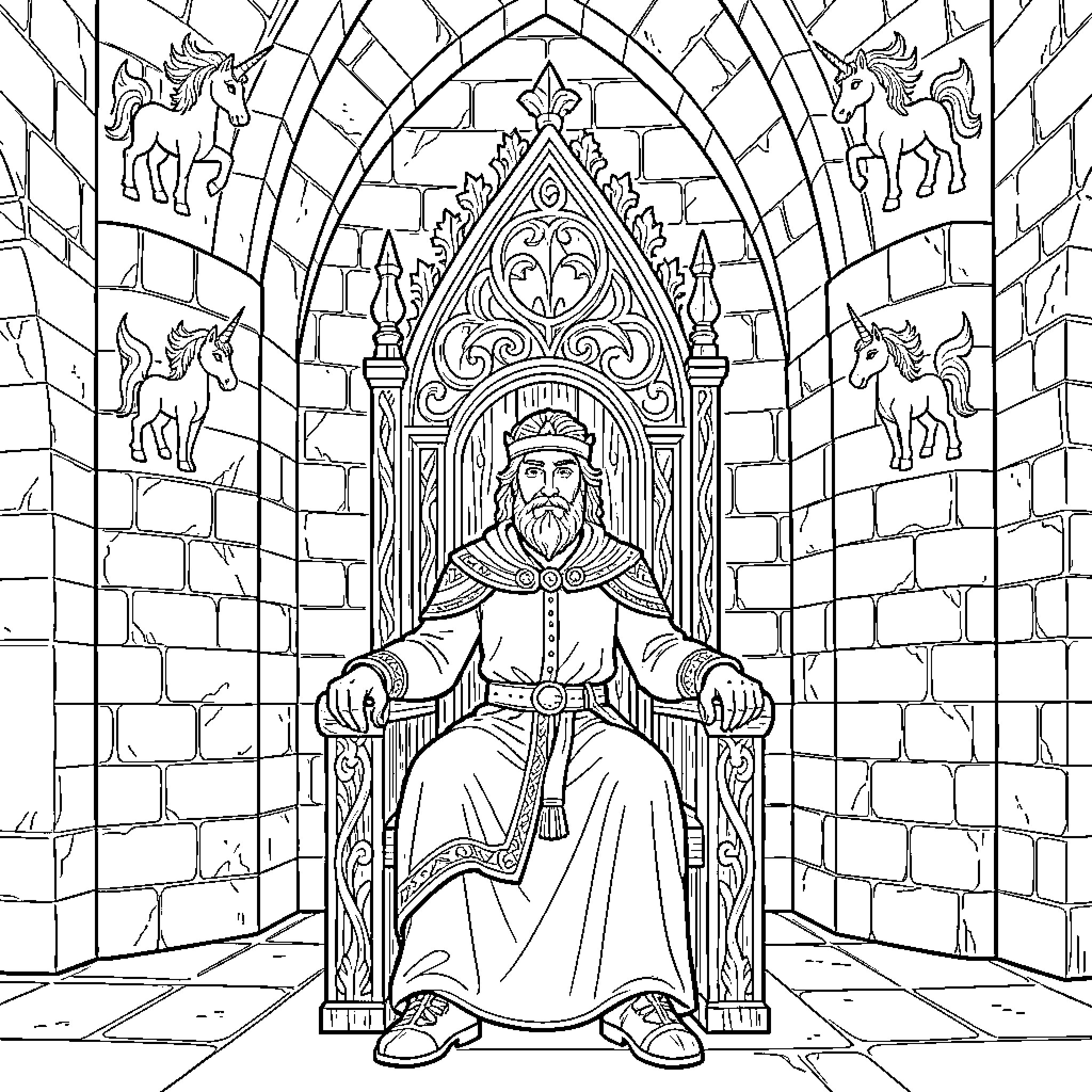 Roi sitting majestically on a throne in a castle Coloring Page (free black-and-white line drawing printable PDF for all, from beginners to advanced learners, including children, teens, adults, and seniors)