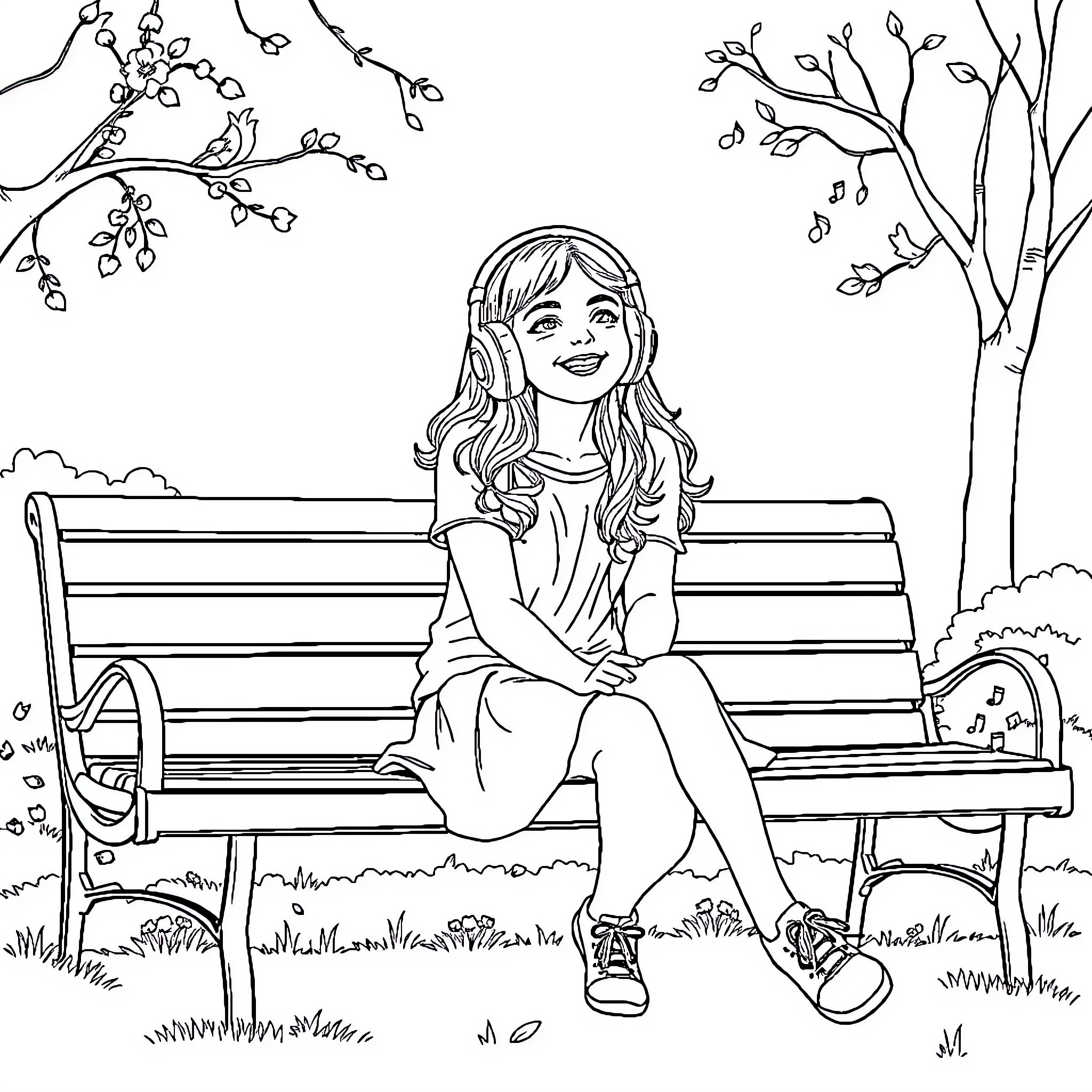 Girl listening to music on a park bench Coloring Page (free black-and-white line drawing printable PDF for all, from beginners to advanced learners, including children, teens, adults, and seniors)