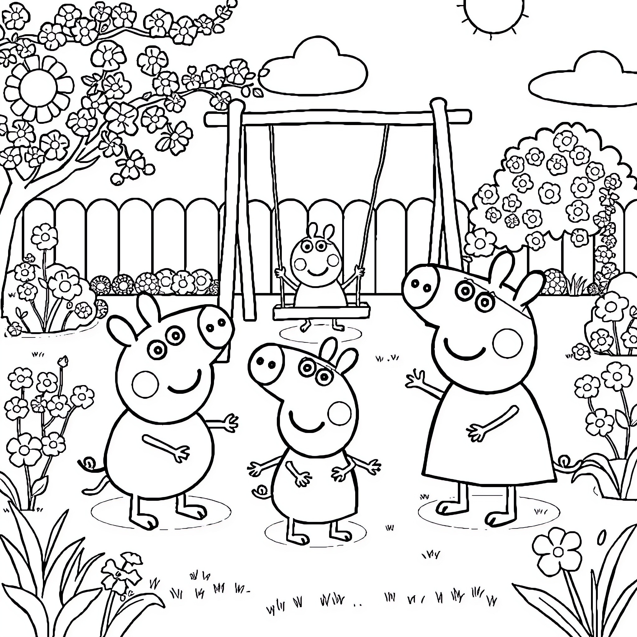 Bluey playing happily with friends in a garden Coloring Page (free black-and-white line drawing printable PDF for all, from beginners to advanced learners, including children, teens, adults, and seniors)