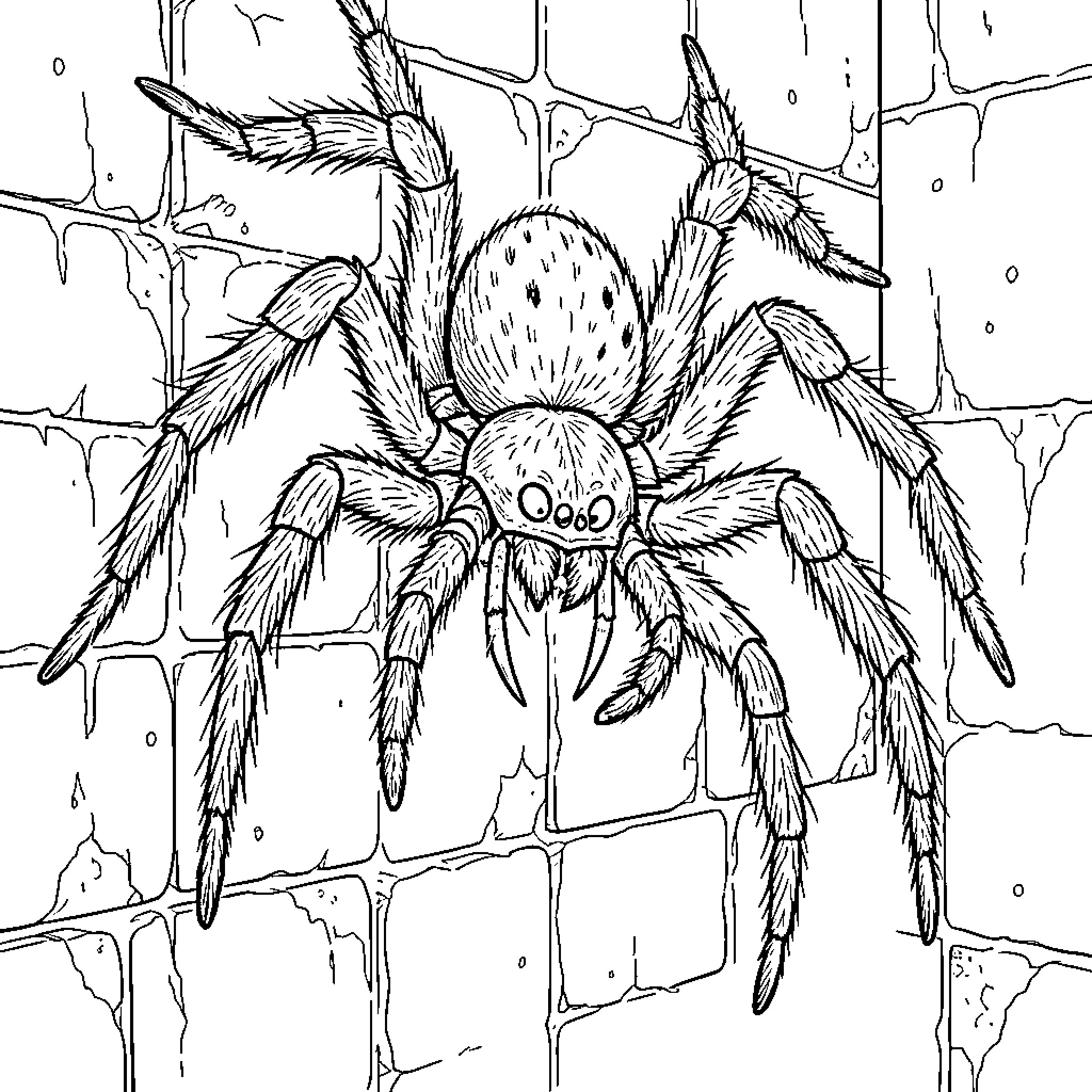 Spider crawling on a textured stone wall Coloring Page (free black-and-white line drawing printable PDF for all, from beginners to advanced learners, including children, teens, adults, and seniors)