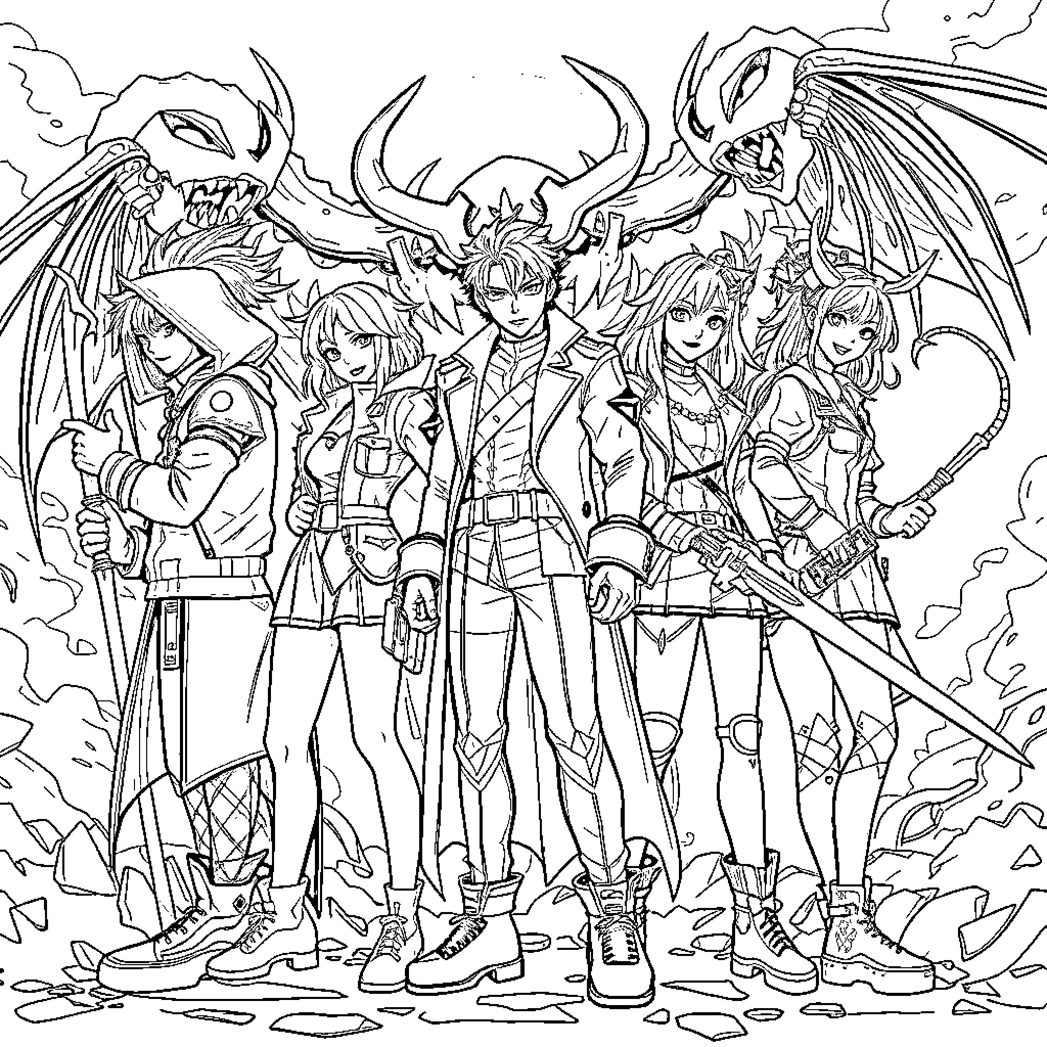 Demon Hunter Squad in Action Coloring Page (free black-and-white line drawing printable PDF for all, from beginners to advanced learners, including children, teens, adults, and seniors)