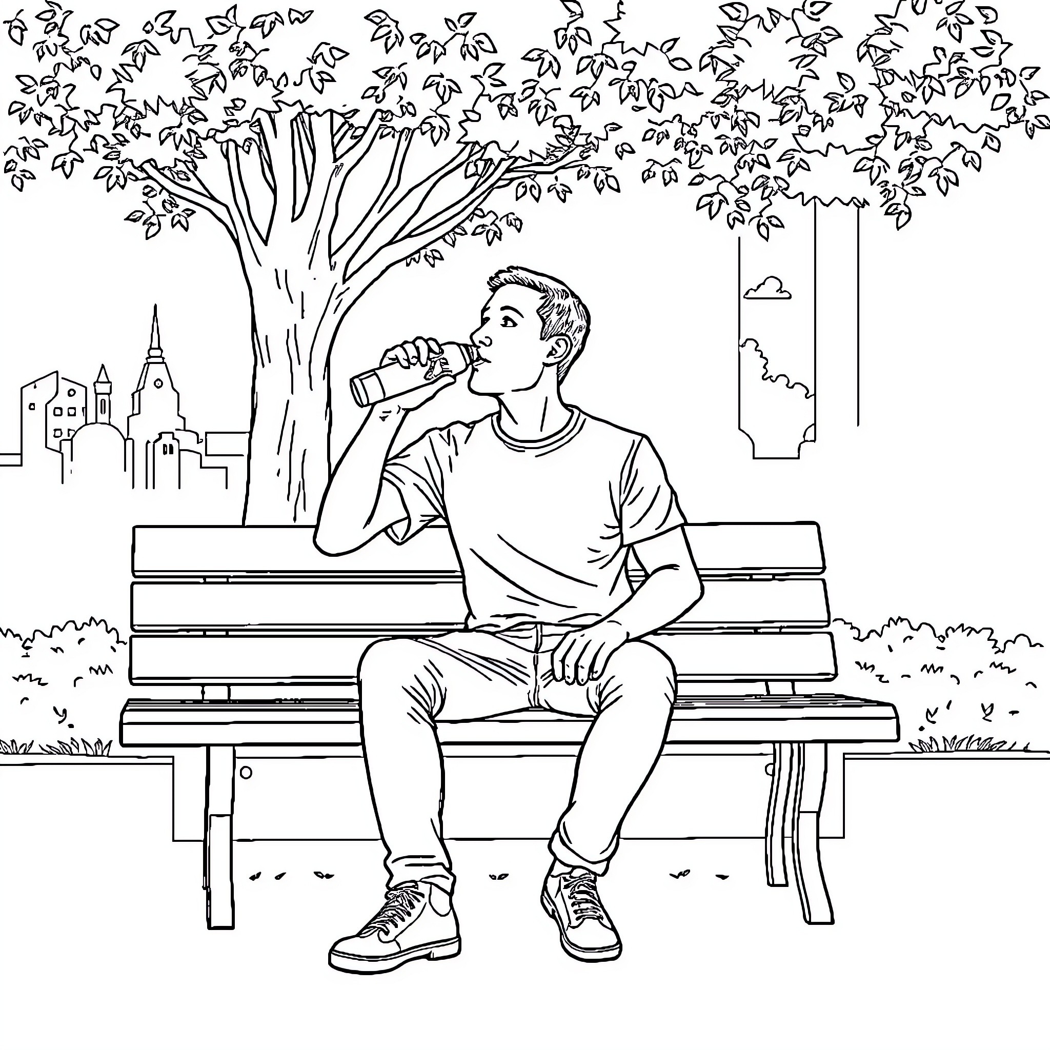 Mark Zuckerberg enjoying a beverage on a park bench Coloring Page (free black-and-white line drawing printable PDF for all, from beginners to advanced learners, including children, teens, adults, and seniors)