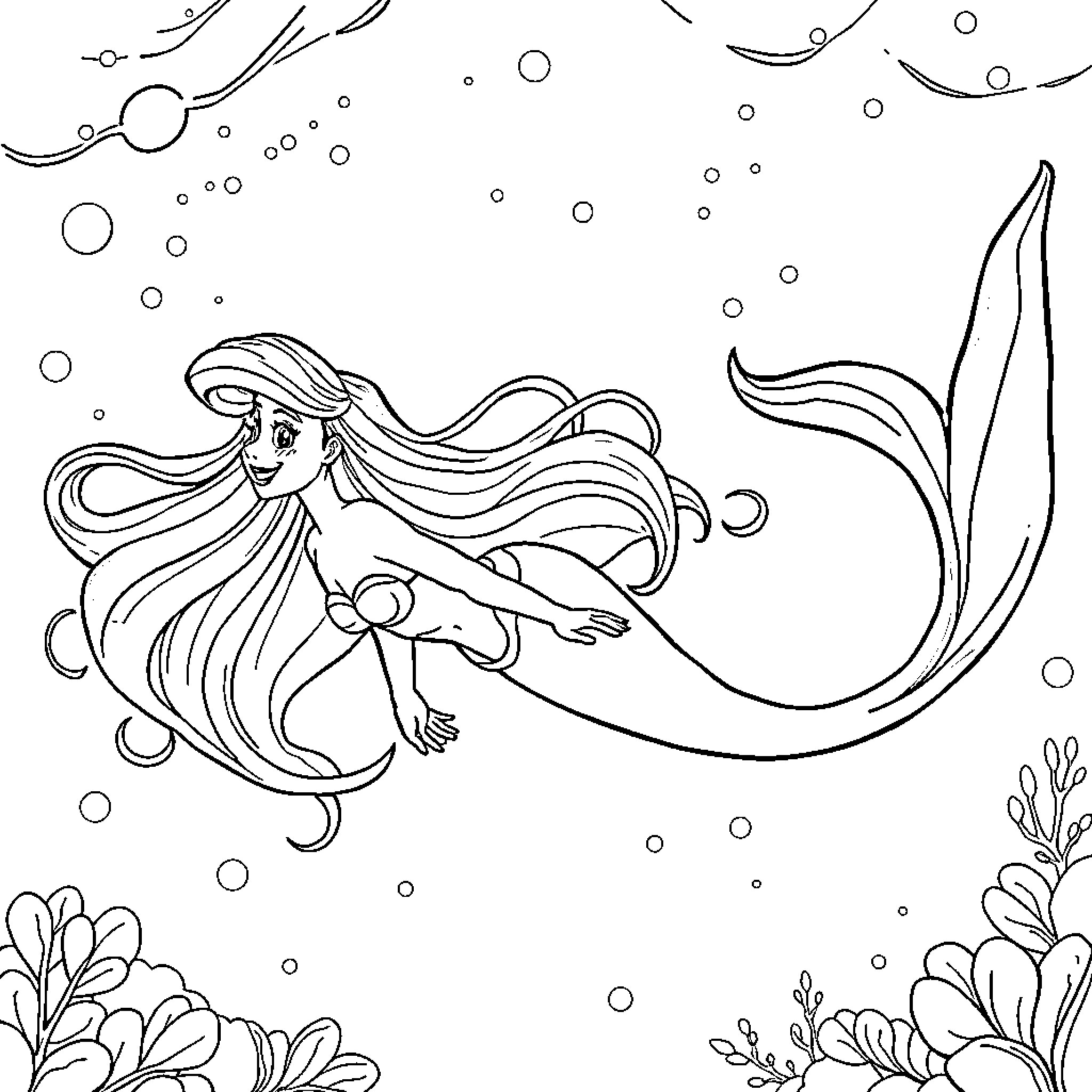 Ariel the Mermaid Swimming Gracefully in the Underwater World Coloring Page (free black-and-white line drawing printable PDF for all, from beginners to advanced learners, including children, teens, adults, and seniors)