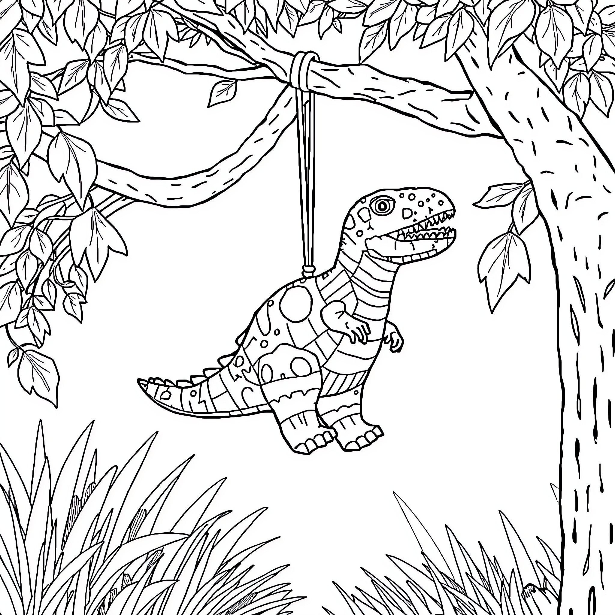 Dino swinging joyfully in the forest Coloring Page (free black-and-white line drawing printable PDF for all, from beginners to advanced learners, including children, teens, adults, and seniors)