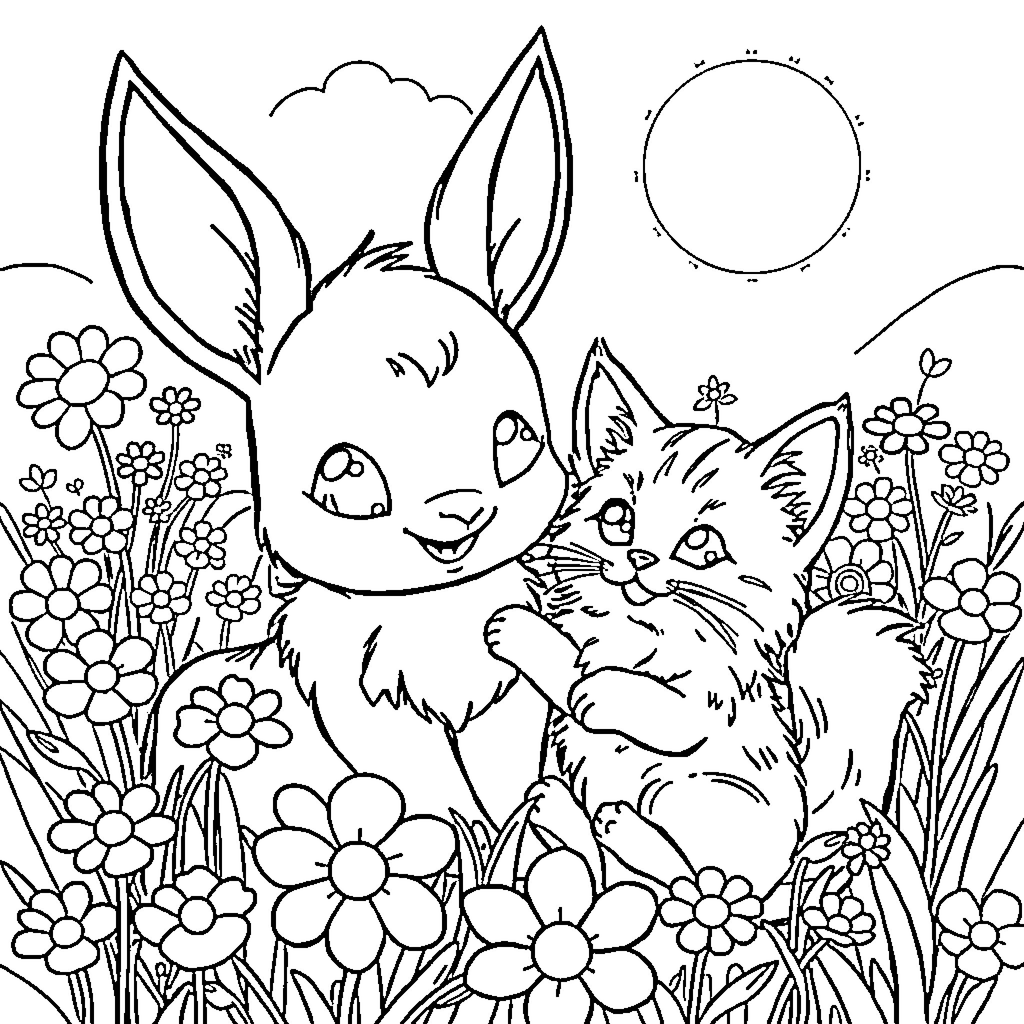 Eevee and Cute Kitten in Flowery Meadow Coloring Page (free black-and-white line drawing printable PDF for all, from beginners to advanced learners, including children, teens, adults, and seniors)