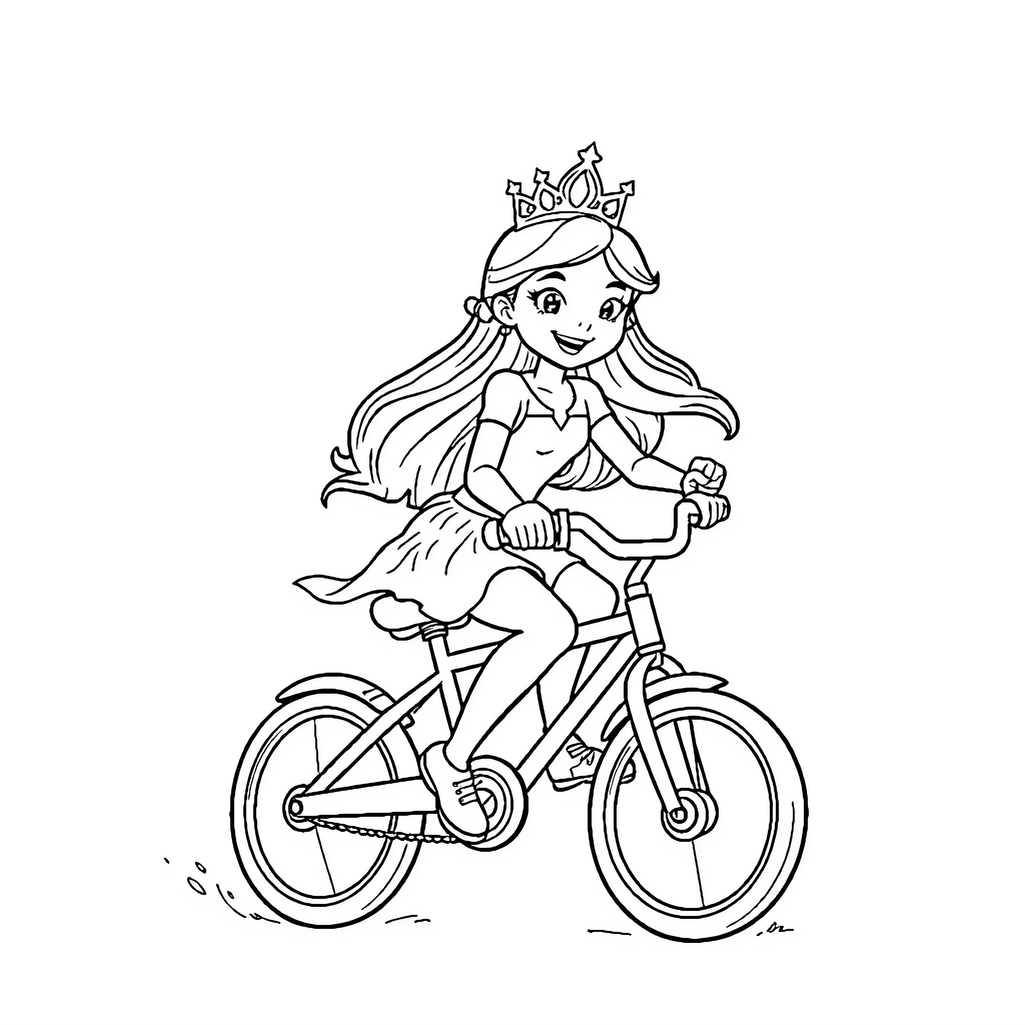 Princess Riding Bicycle with Excitement Coloring Page (free black-and-white line drawing printable PDF for all, from beginners to advanced learners, including children, teens, adults, and seniors)