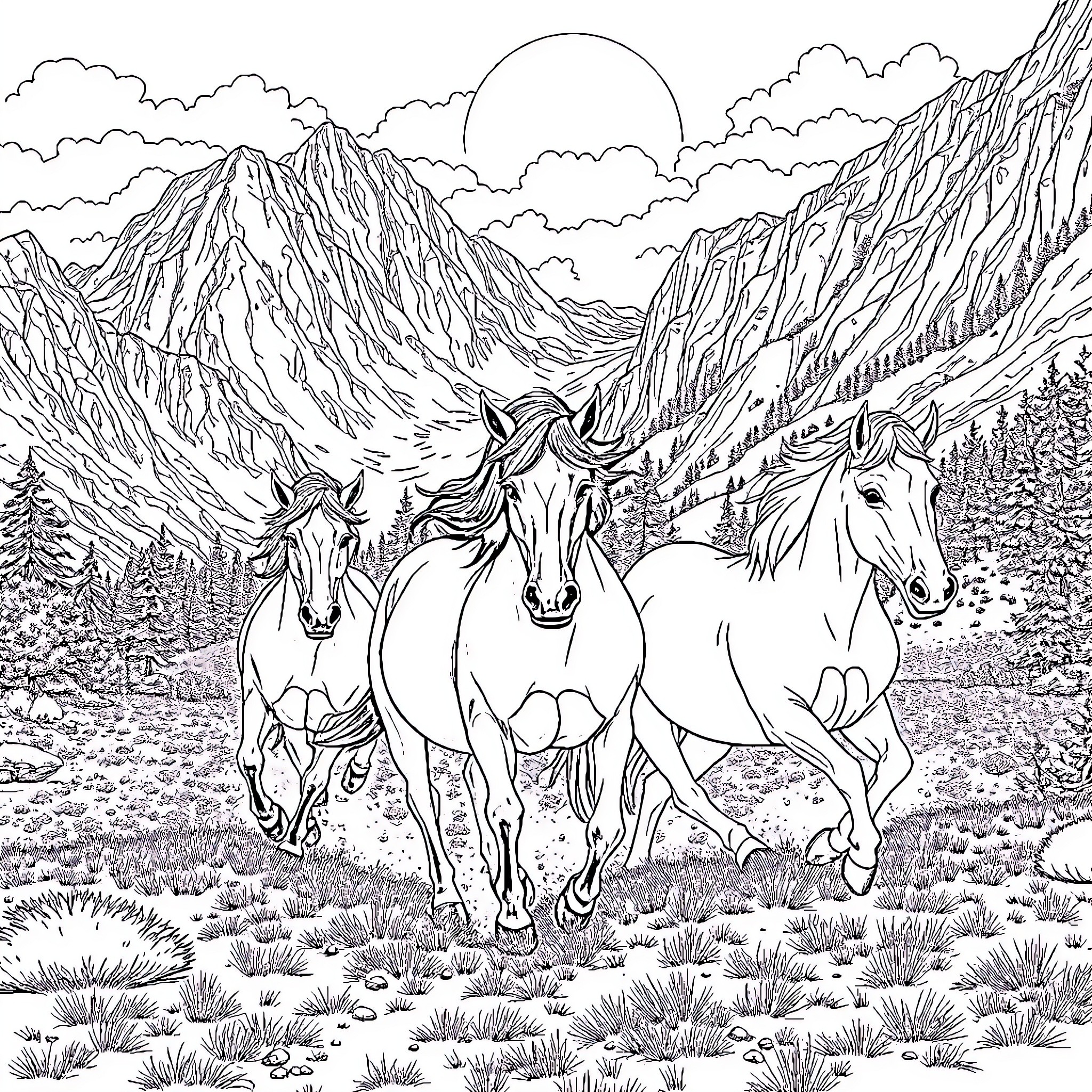 Horse herd galloping through mountain landscape Coloring Page (free black-and-white line drawing printable PDF for all, from beginners to advanced learners, including children, teens, adults, and seniors)