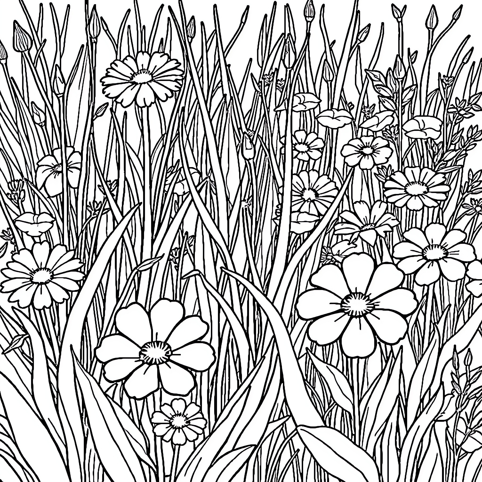 Weed Flowers Blooming in Tall Grass Coloring Page (free black-and-white line drawing printable PDF for all, from beginners to advanced learners, including children, teens, adults, and seniors)