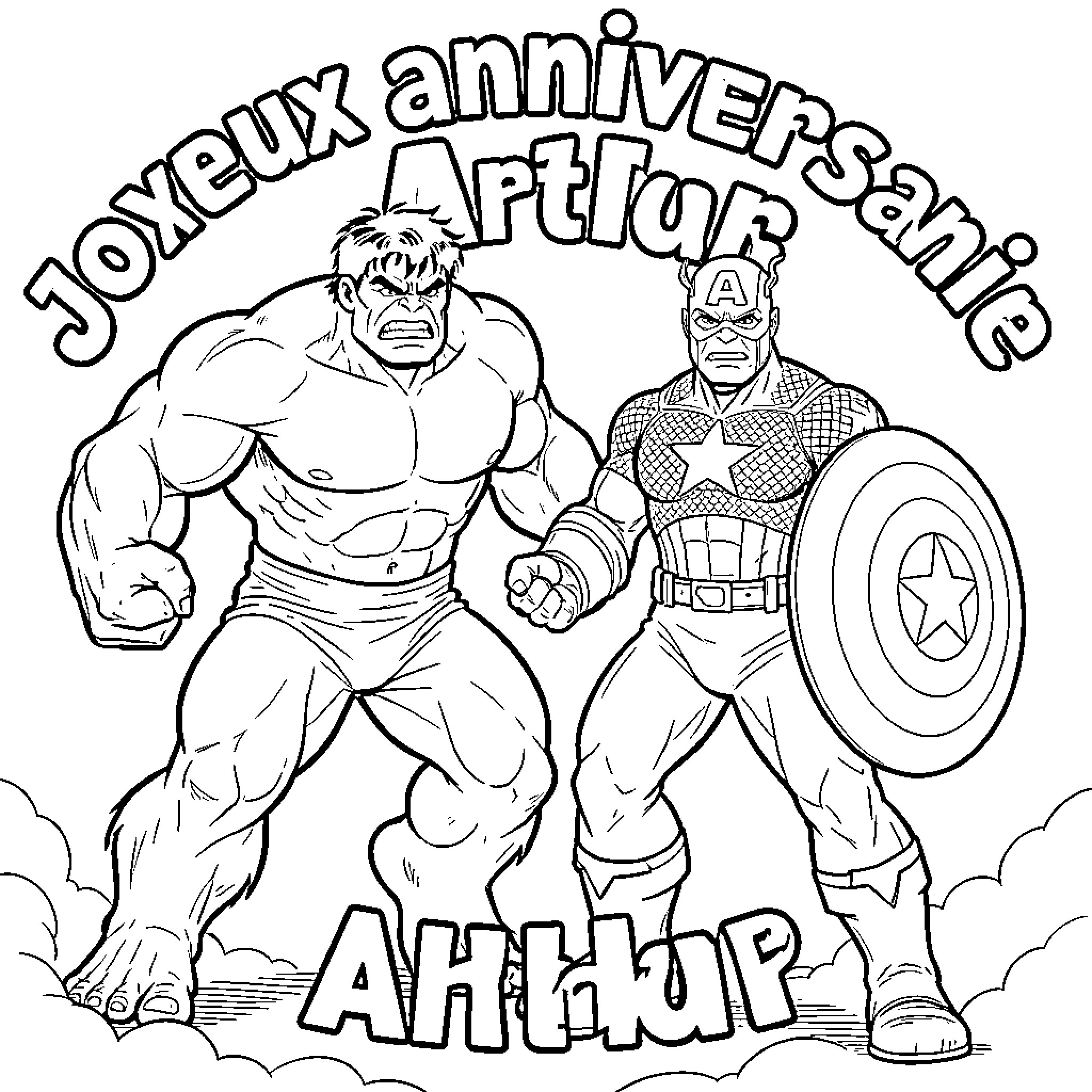 Hulk and Captain America standing in a heroic pose Coloring Page (free black-and-white line drawing printable PDF for all, from beginners to advanced learners, including children, teens, adults, and seniors)