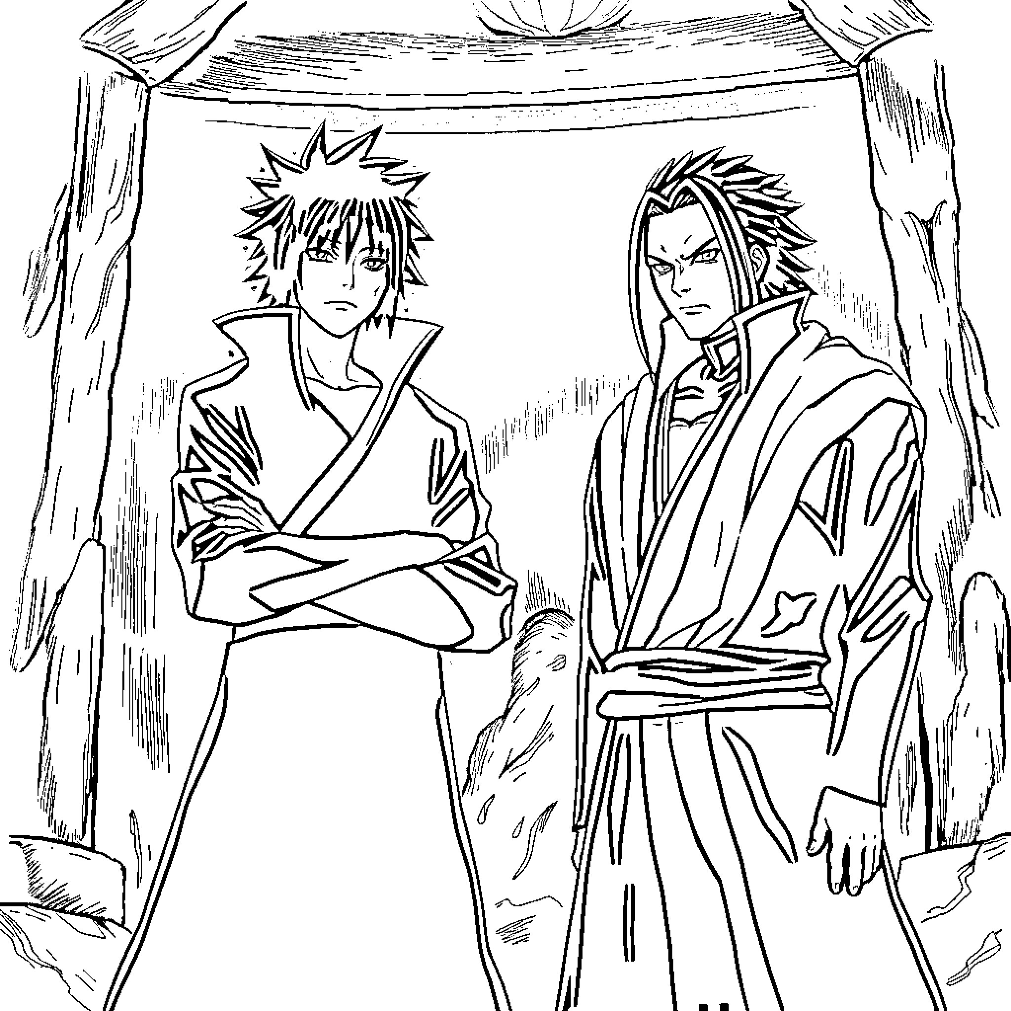 Madara Uchiha confronts an opponent in a dramatic scene Coloring Page (free black-and-white line drawing printable PDF for all, from beginners to advanced learners, including children, teens, adults, and seniors)