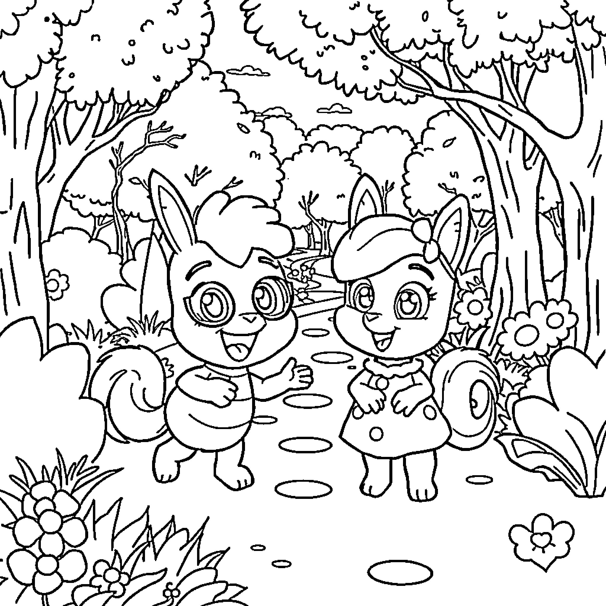 Blippi's Woodland Adventure with Cute Animals Coloring Page (free black-and-white line drawing printable PDF for all, from beginners to advanced learners, including children, teens, adults, and seniors)
