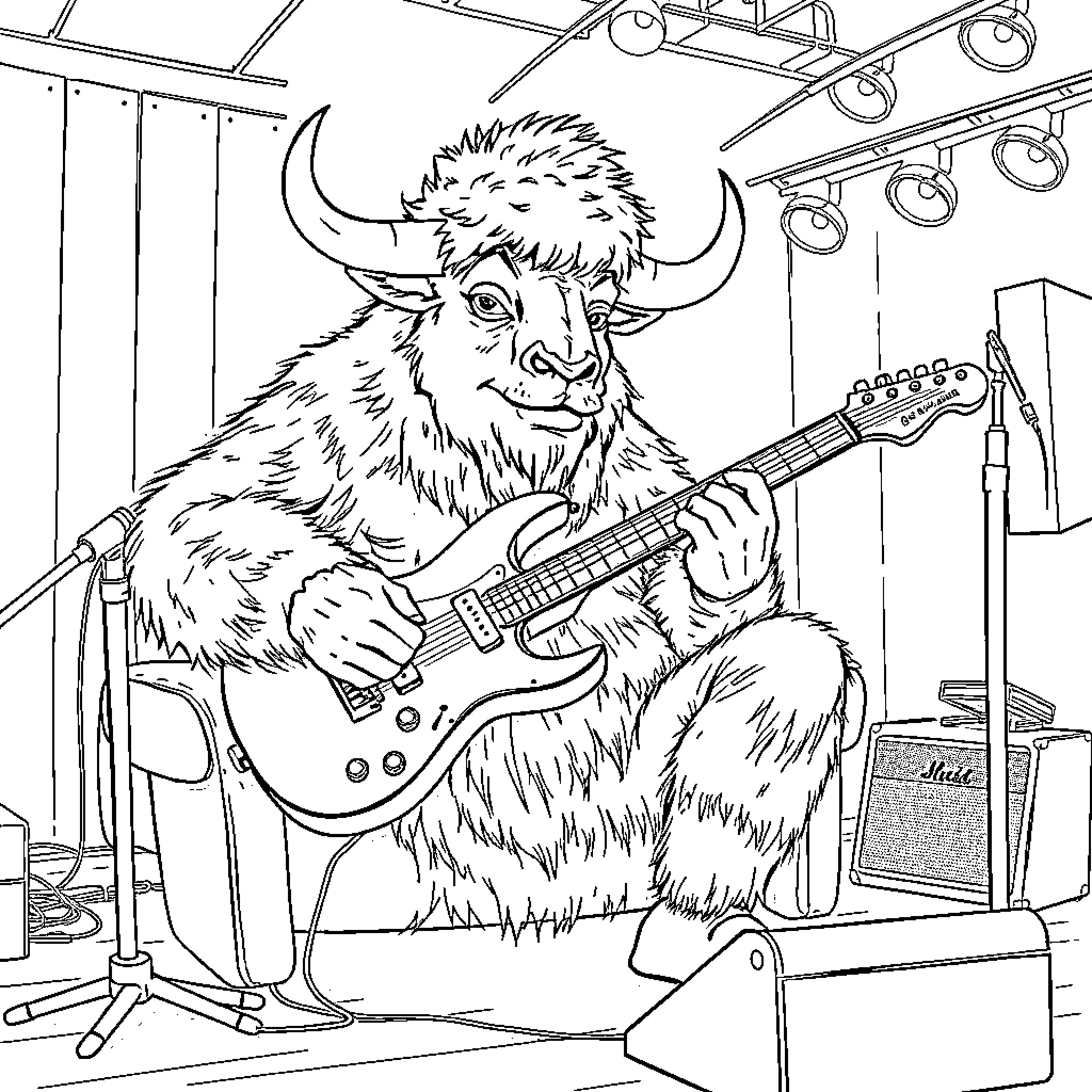 Bear performing on stage with guitar Coloring Page (free black-and-white line drawing printable PDF for all, from beginners to advanced learners, including children, teens, adults, and seniors)