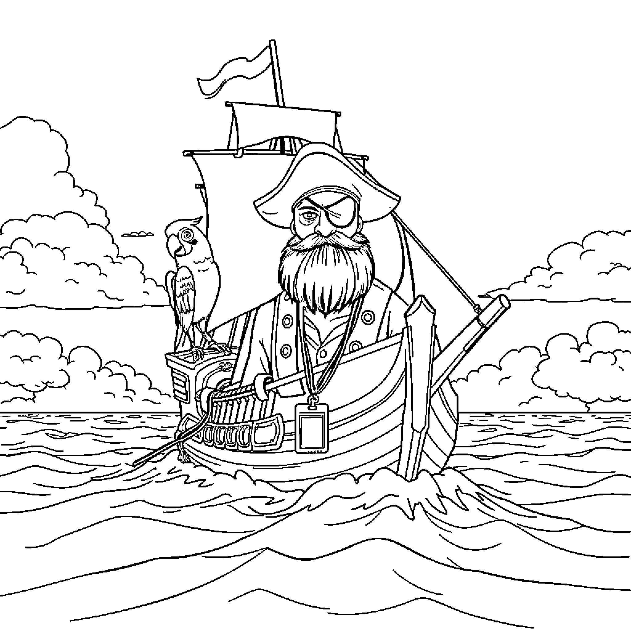 Galleon sailing with a pirate captain and parrot Coloring Page (free black-and-white line drawing printable PDF for all, from beginners to advanced learners, including children, teens, adults, and seniors)