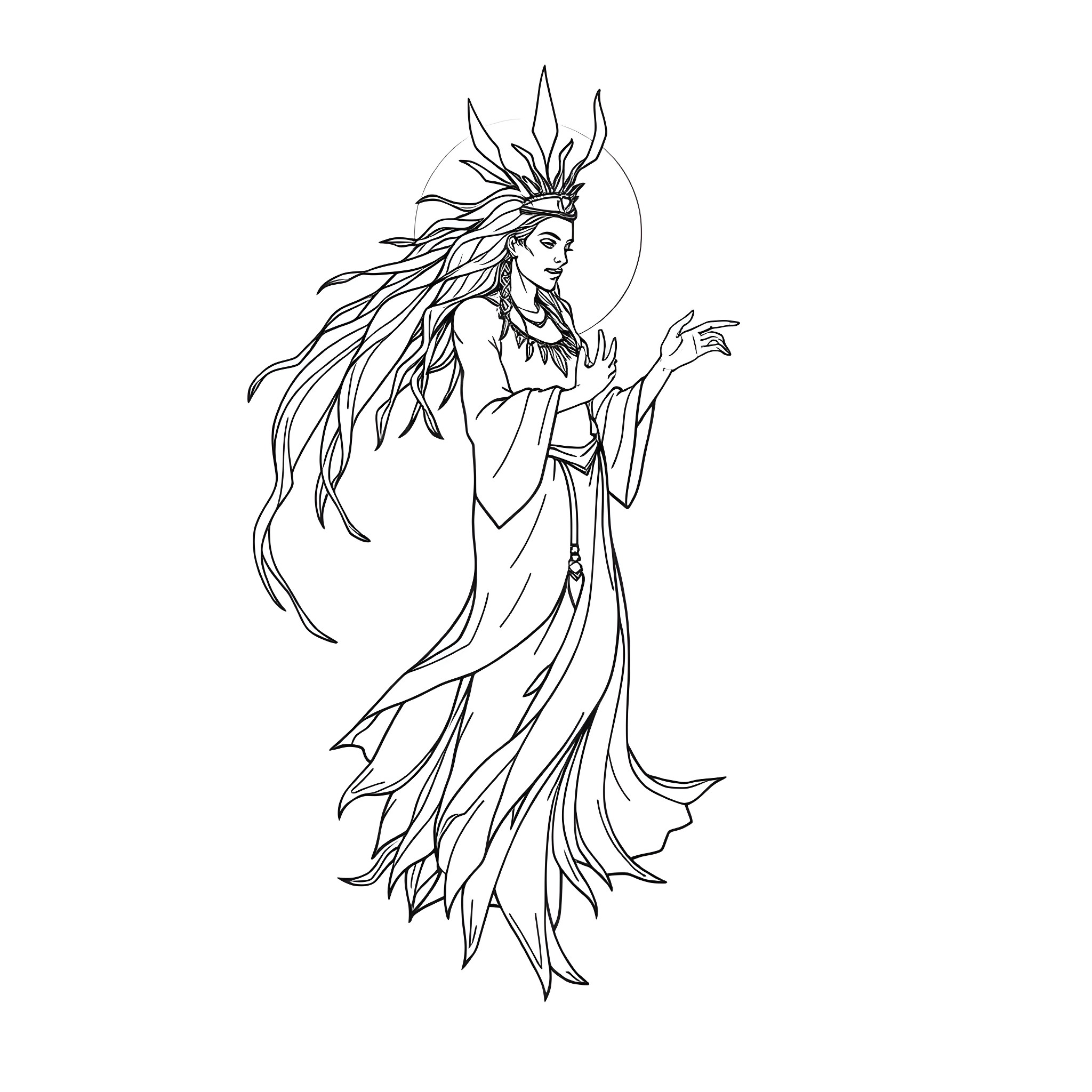 Great Spirit Goddess in Flowing Ceremonial Dress Coloring Page (free black-and-white line drawing printable PDF for all, from beginners to advanced learners, including children, teens, adults, and seniors)