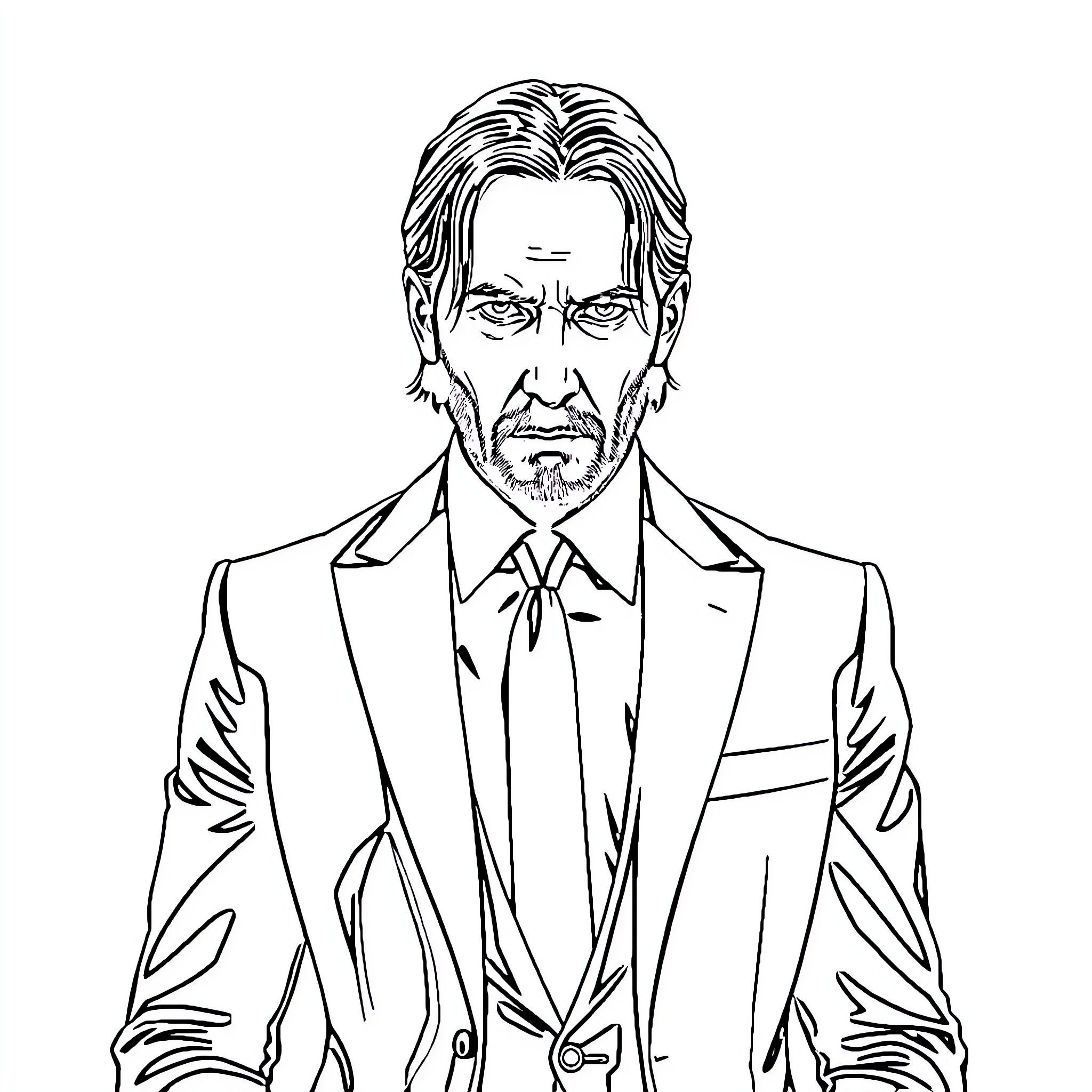 John Wick in Formal Attire Portraying Serious Expression Coloring Page (free black-and-white line drawing printable PDF for all, from beginners to advanced learners, including children, teens, adults, and seniors)